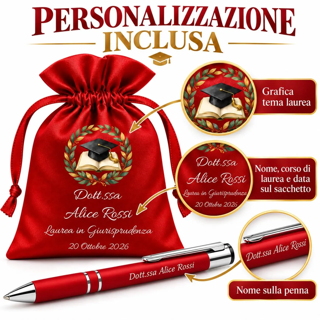 Cormar Kit Bomboniere Laurea Personalizzate, Rosso, 12 Sacchetti in Raso con 12 Penne Personalizzate, Nome, Facoltà e Data (STILE 7) - immagine 5