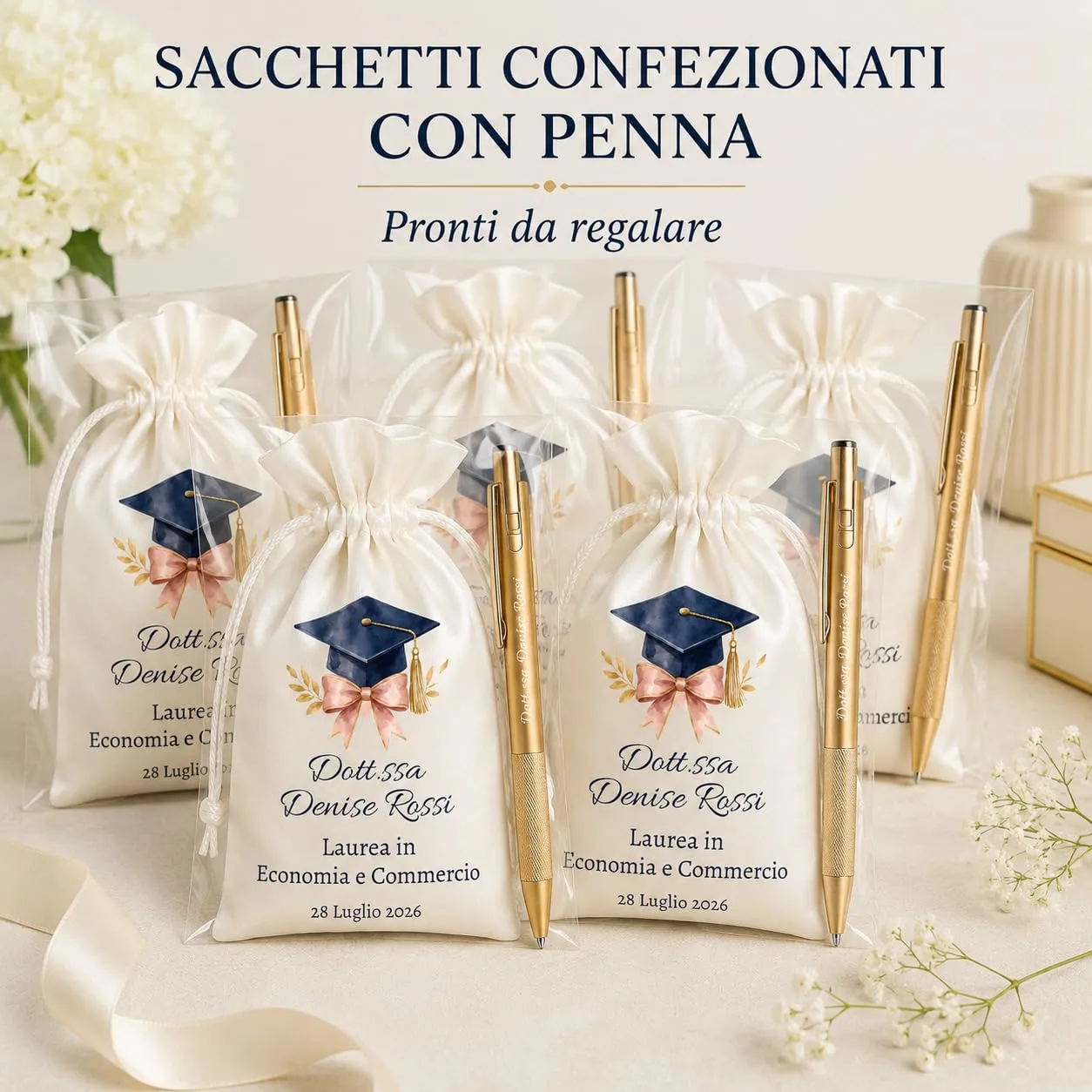 Cormar Kit Bomboniere Laurea Personalizzate, Rosso, 12 Sacchetti in Raso con 12 Penne Personalizzate, Nome, Facoltà e Data (STILE 8) - immagine 2