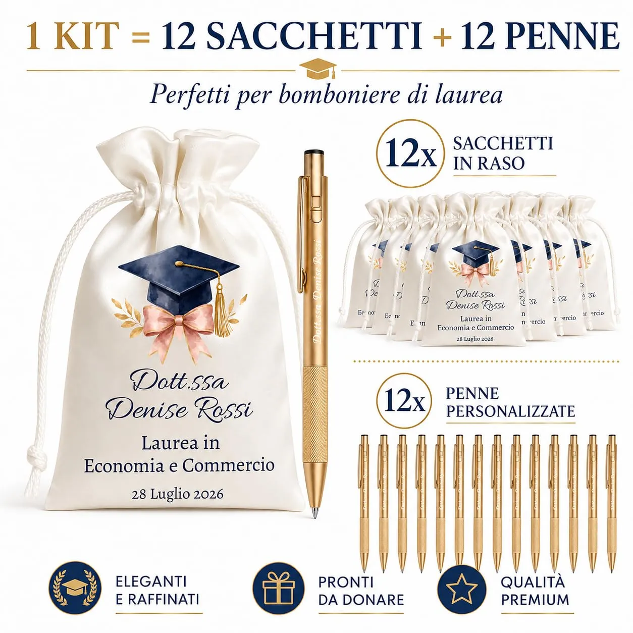 Cormar Kit Bomboniere Laurea Personalizzate, Rosso, 12 Sacchetti in Raso con 12 Penne Personalizzate, Nome, Facoltà e Data (STILE 8) - immagine 4