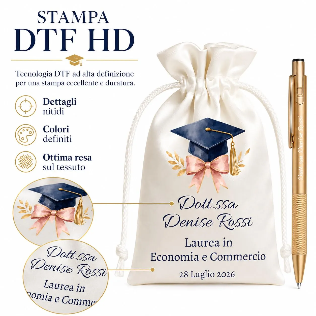 Cormar Kit Bomboniere Laurea Personalizzate, Rosso, 12 Sacchetti in Raso con 12 Penne Personalizzate, Nome, Facoltà e Data (STILE 8) - immagine 5
