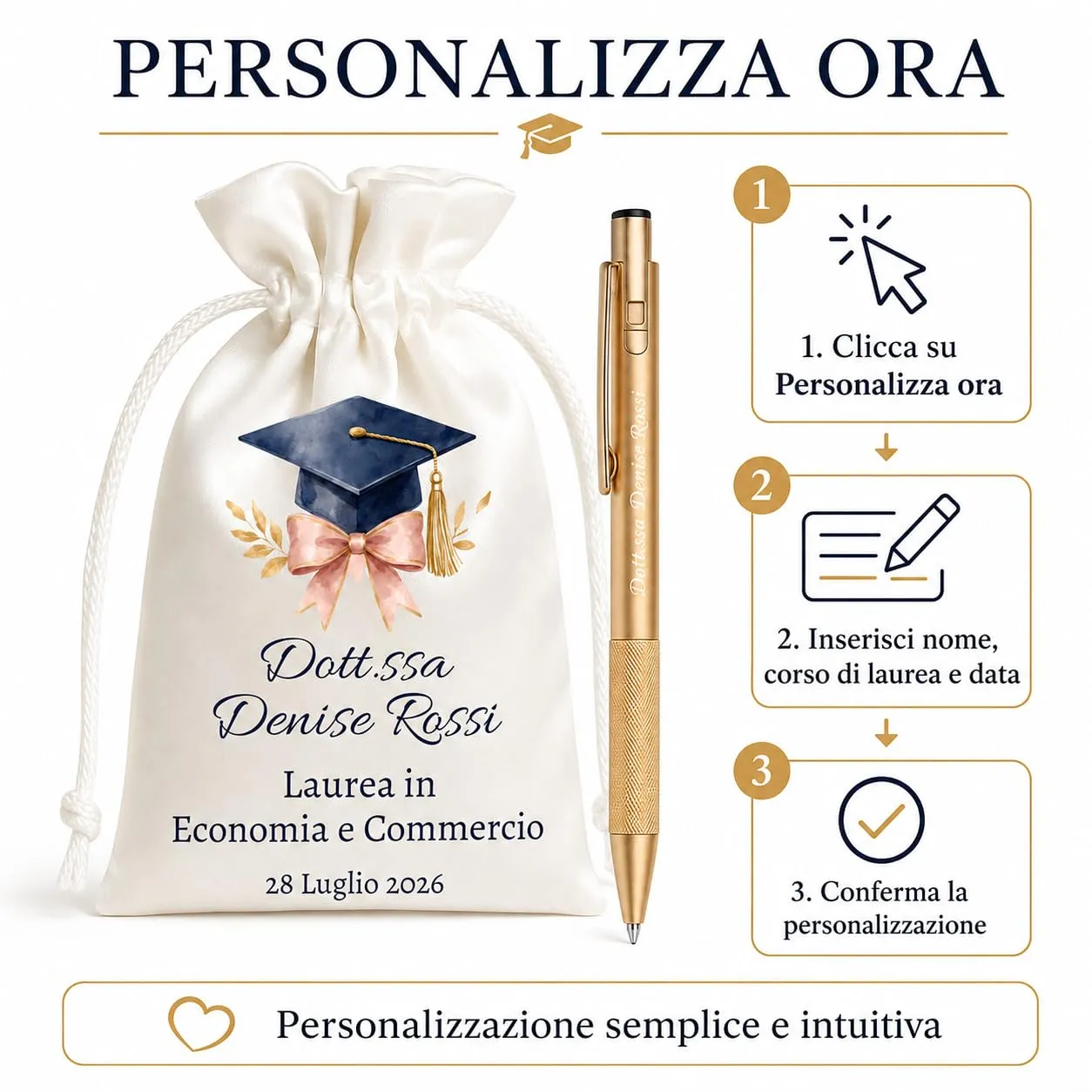 Cormar Kit Bomboniere Laurea Personalizzate, Rosso, 12 Sacchetti in Raso con 12 Penne Personalizzate, Nome, Facoltà e Data (STILE 8) - immagine 6