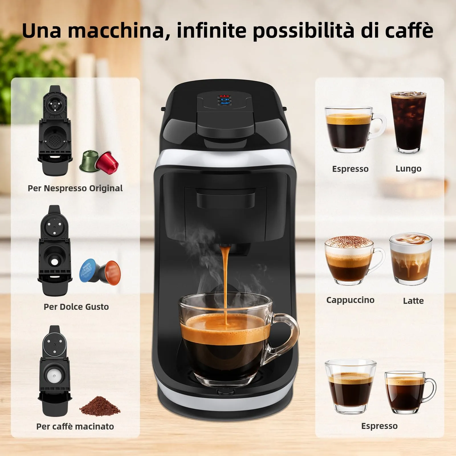 Macchina da caffè 3 in 1 per Nespresso, Dolce Gusto e caffè in polvere - immagine 2