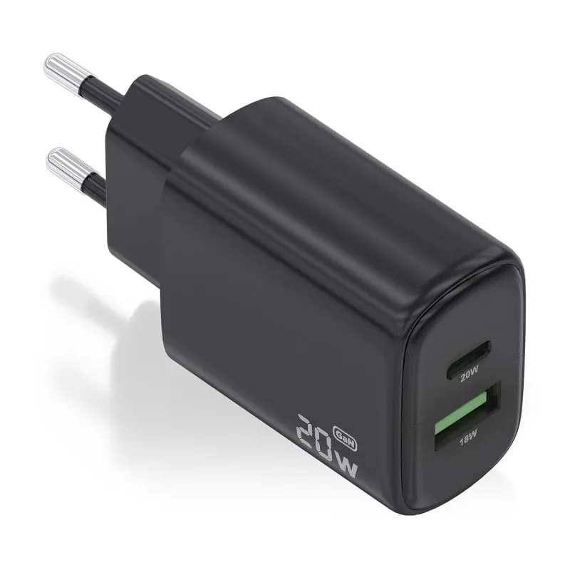 Caricabatterie Aisens A110-0910 GaN 20W 1xUSB-C PD3.0 1xUSB-A QC3.0 Nero - immagine 1