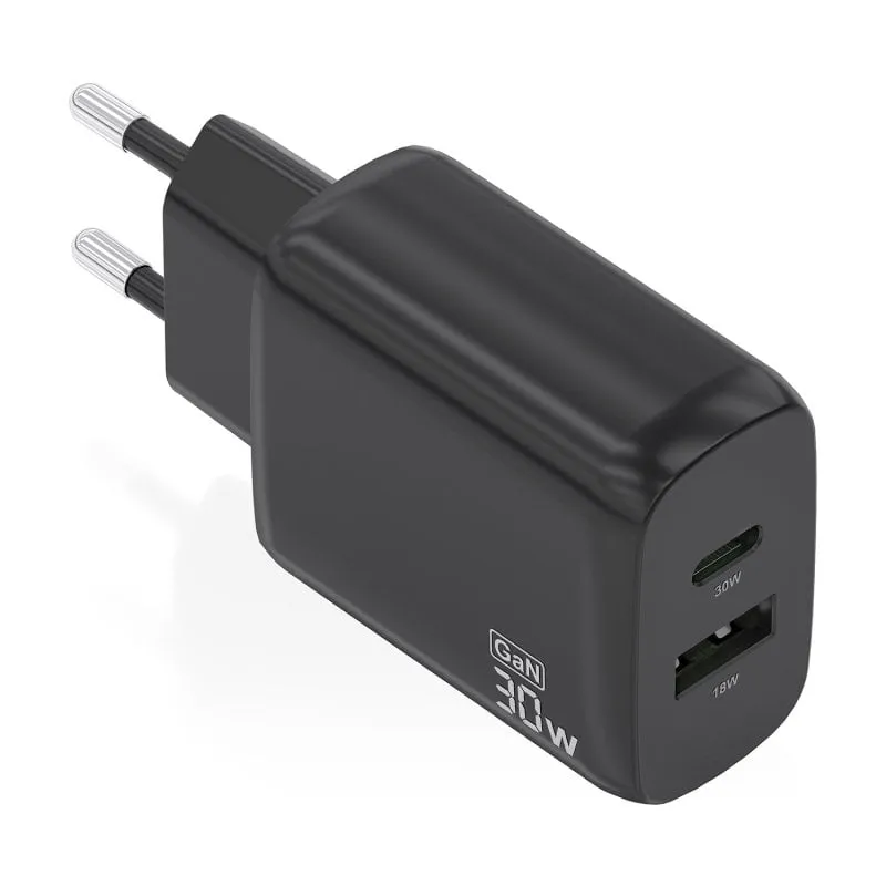 Caricabatterie Aisens A110-0924 GaN 30W 1xUSB-C PD3.0 QC4.0 1xUSB-A QC3.0 Nero - immagine 1