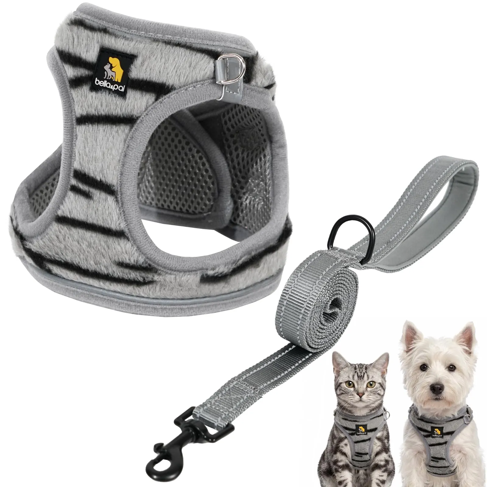 BELLA & PAL Pettorina Cane Taglia Piccola, Pettorine per Cuccioli con Guinzaglio, Step In | Riflettente| in Morbido Peluche, Imbracatura per Cani Piccoli, Zebra Grigia, XS - immagine 1