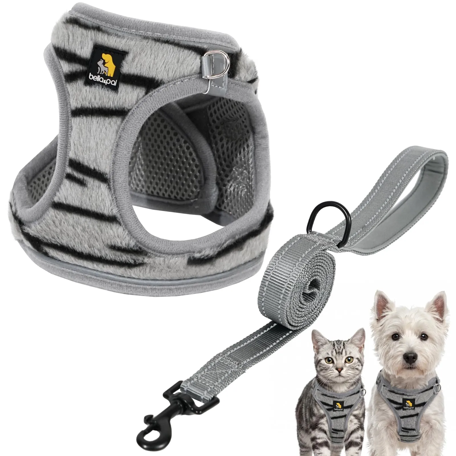 BELLA & PAL Pettorina Cane Taglia Piccola, Pettorine per Cuccioli con Guinzaglio, Step In | Riflettente| in Morbido Peluche, Imbracatura per Cani Piccoli, Zebra Grigia, M - immagine 1