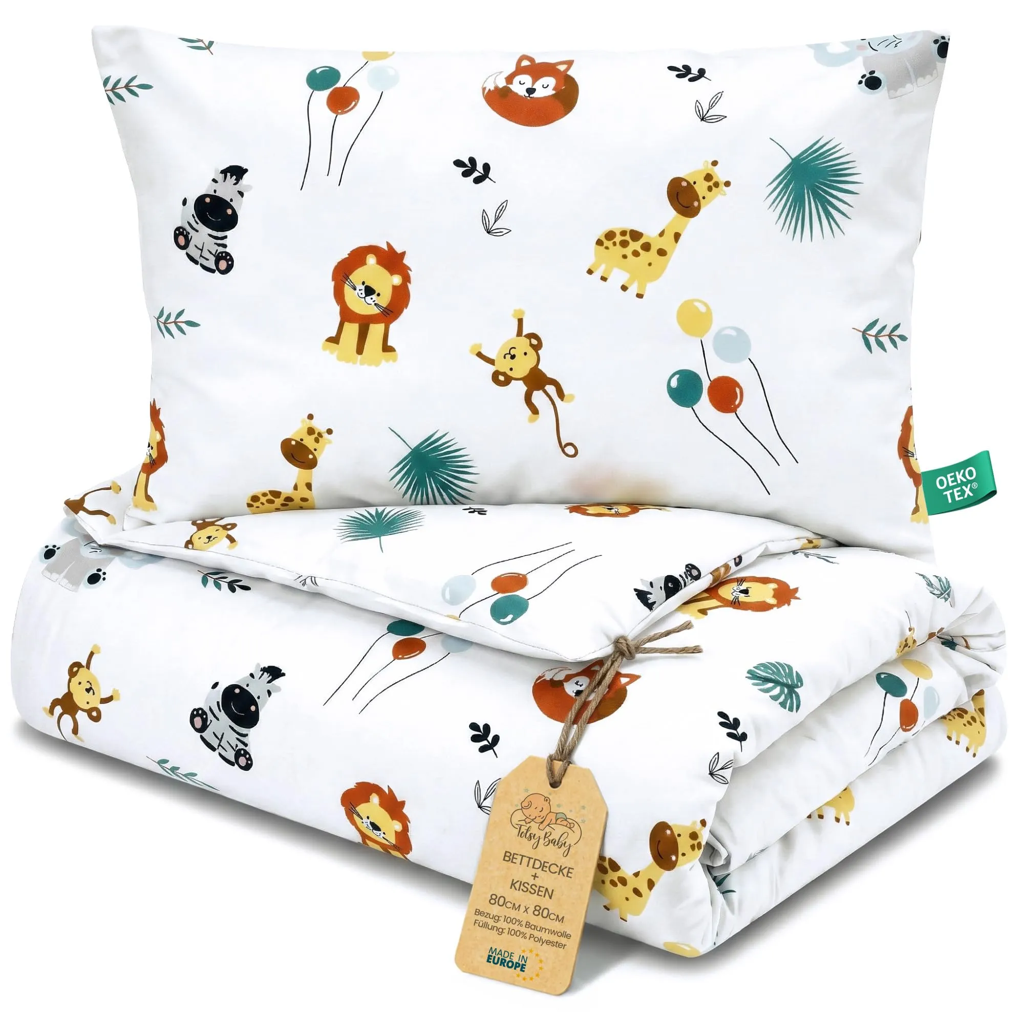 Totsy Baby Piumino lettino senza federa Set 80X80 cm cotone – coperta neonato con cuscino per culla e letto bambino – piumone trapunta Oeko Tex leggero caldo traspirante Safari - immagine 1