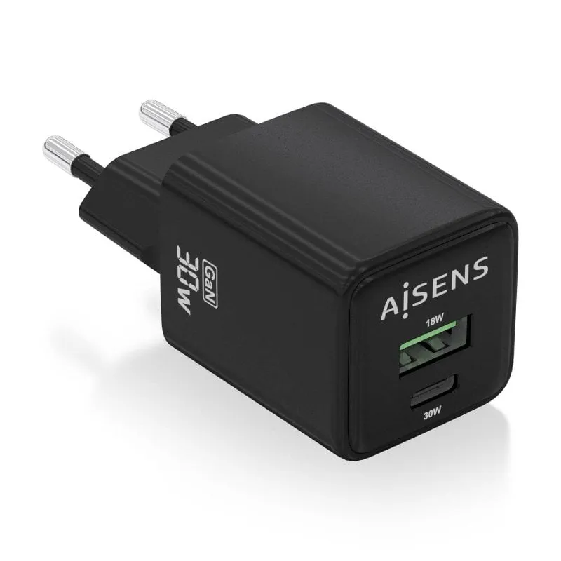 Caricabatterie Aisens ASCH-30W2P038-BK GaN 30W 1xUSB-C PD3.0 QC4.0 1xUSB-A QC3.0 Nero - immagine 1