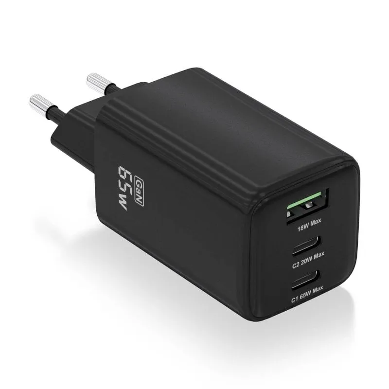 Caricabatterie Aisens ASCH-65W3P042-BK 65W GaN 2xUSB-C PD3.0 QC4.0 1xUSB-A QC3.0 Nero - immagine 1