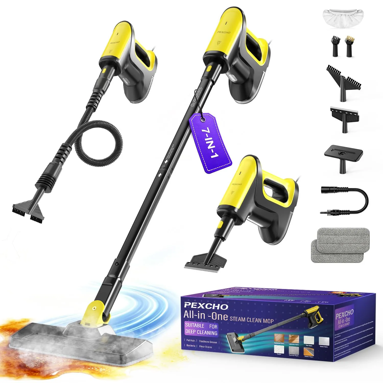 PEXCHO Scopa a Vapore Multifunzione 7 in 1, 1500W Riscalda in 15 Secondi - immagine 1