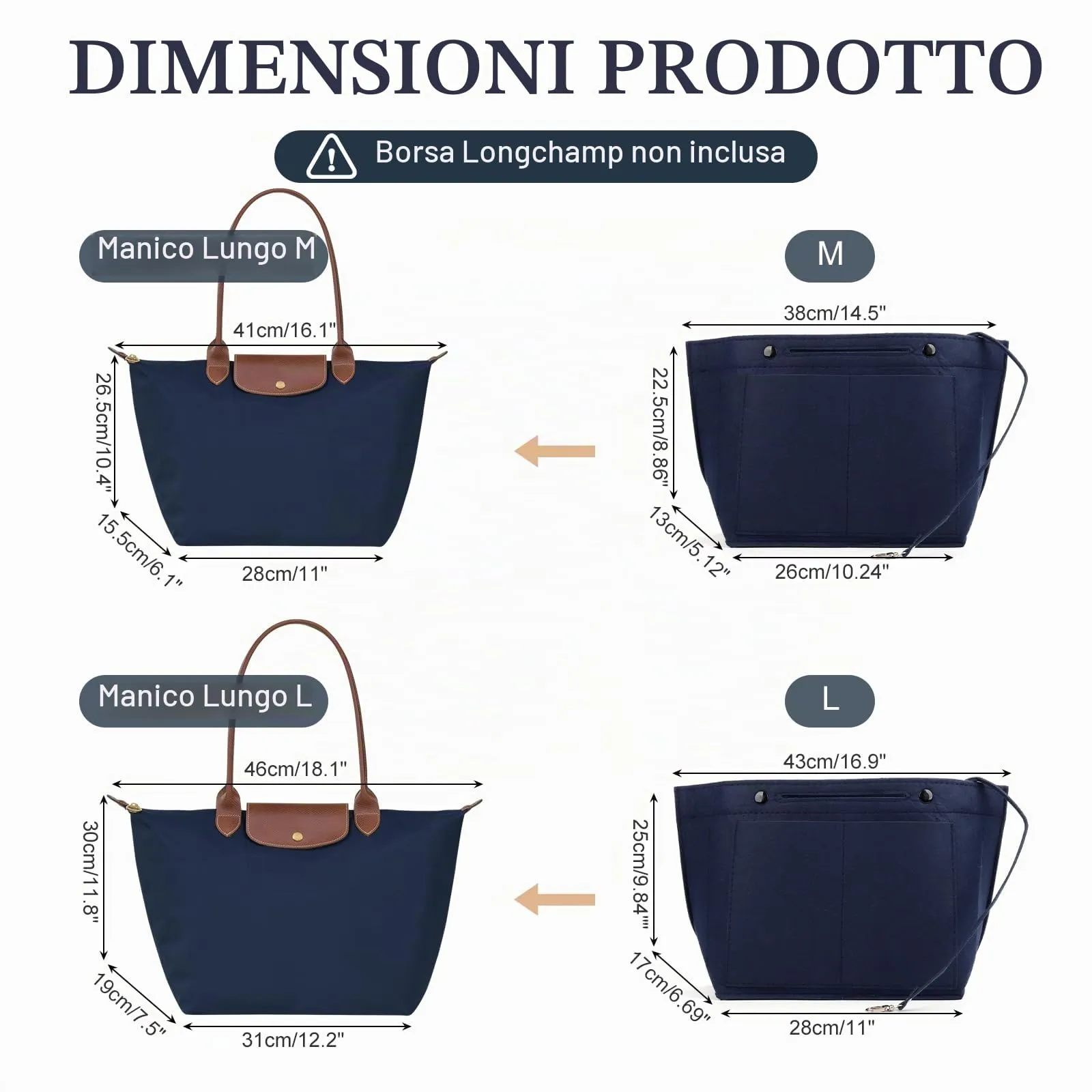 AIDUCHO Organizer da Tasca per Longchamp, Organizer da Borse da Donna in Feltro, con Tasche Multiple, Tasca Interna per Borse Longchamp, Inserto di Grande Volume (Blu, M) - immagine 2