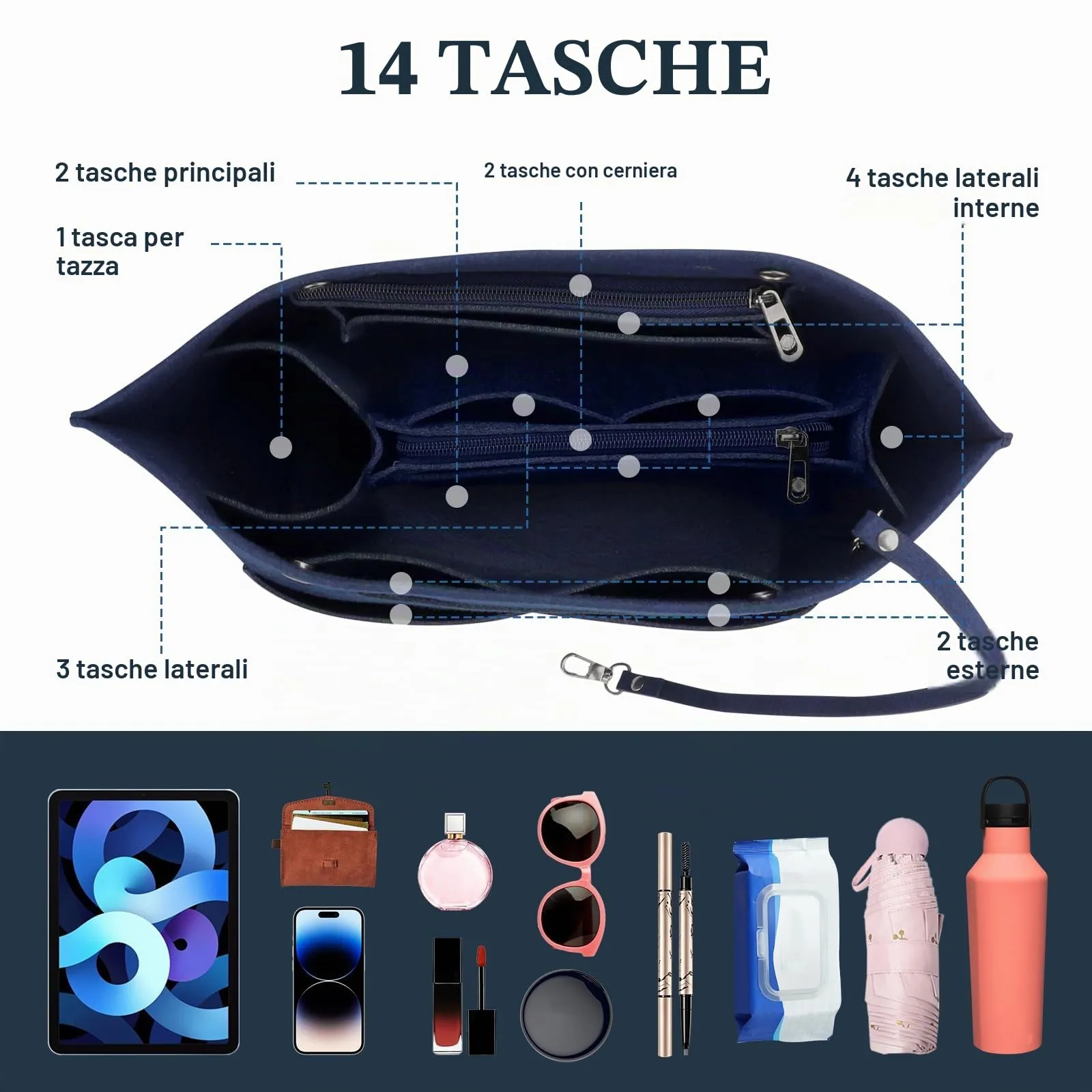 AIDUCHO Organizer da Tasca per Longchamp, Organizer da Borse da Donna in Feltro, con Tasche Multiple, Tasca Interna per Borse Longchamp, Inserto di Grande Volume (Blu, M) - immagine 3
