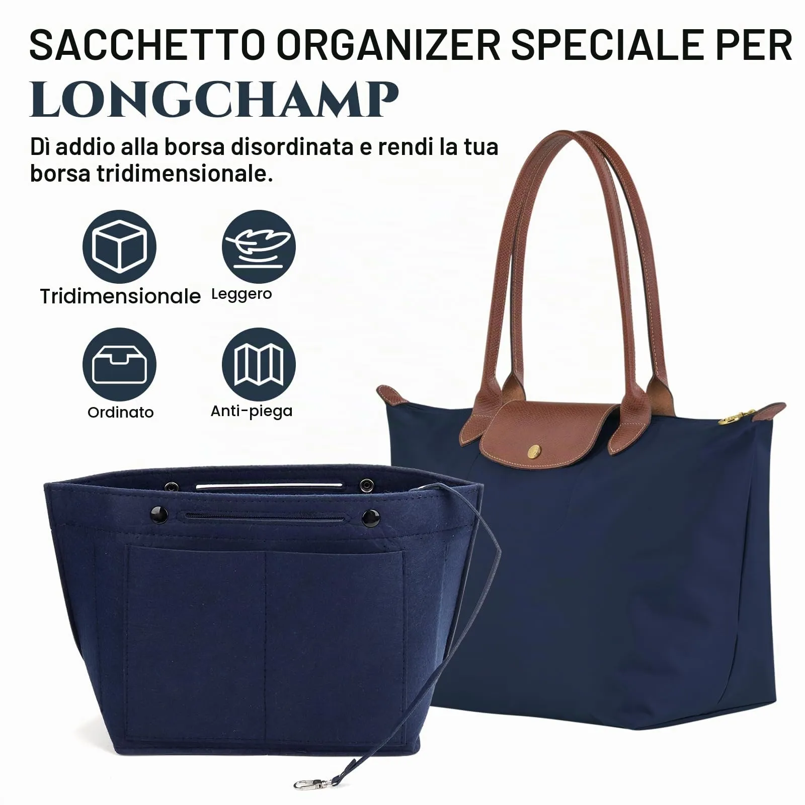 AIDUCHO Organizer da Tasca per Longchamp, Organizer da Borse da Donna in Feltro, con Tasche Multiple, Tasca Interna per Borse Longchamp, Inserto di Grande Volume (Blu, M) - immagine 6