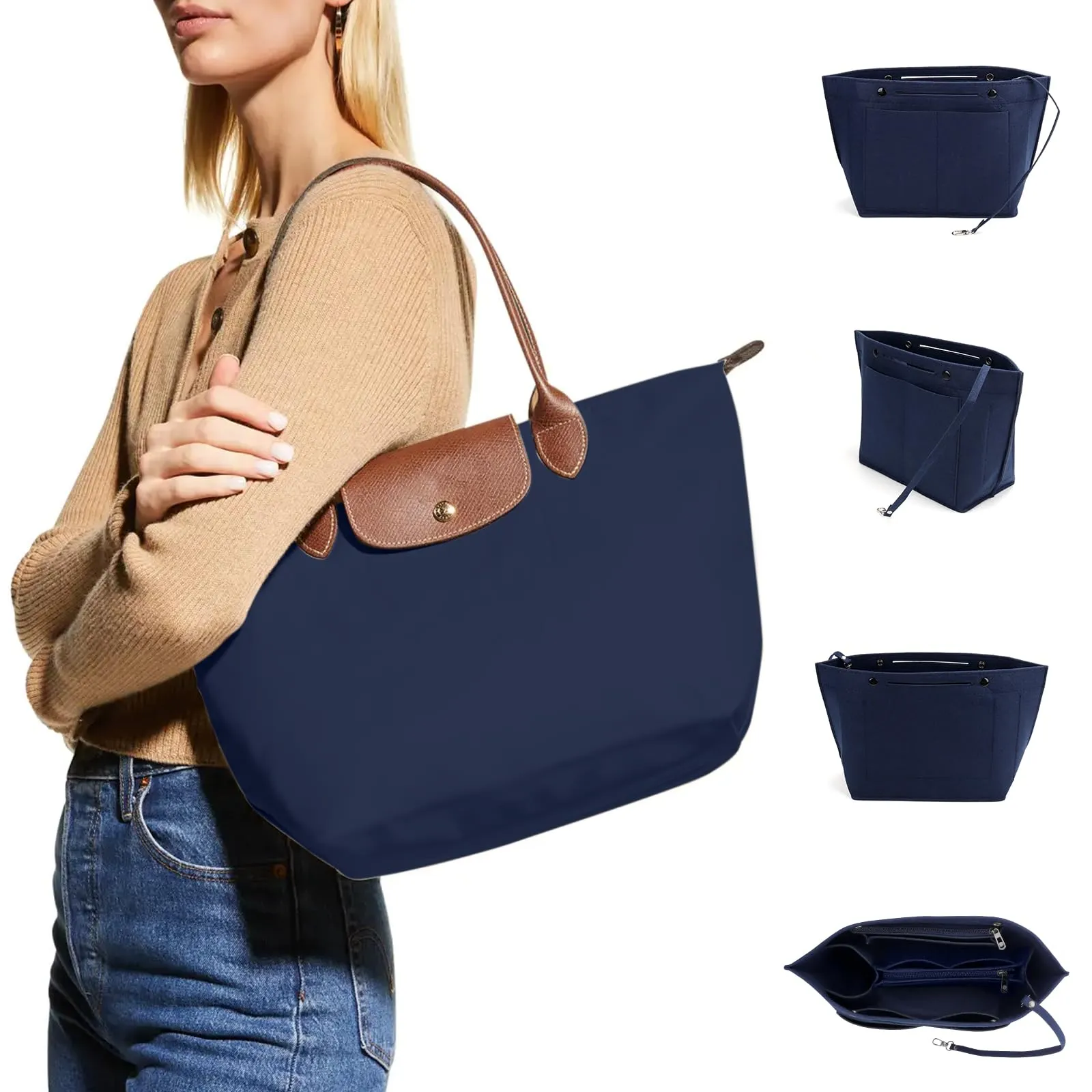 AIDUCHO Organizer da Tasca per Longchamp, Organizer da Borse da Donna in Feltro, con Tasche Multiple, Tasca Interna per Borse Longchamp, Inserto di Grande Volume (Blu, M) - immagine 7