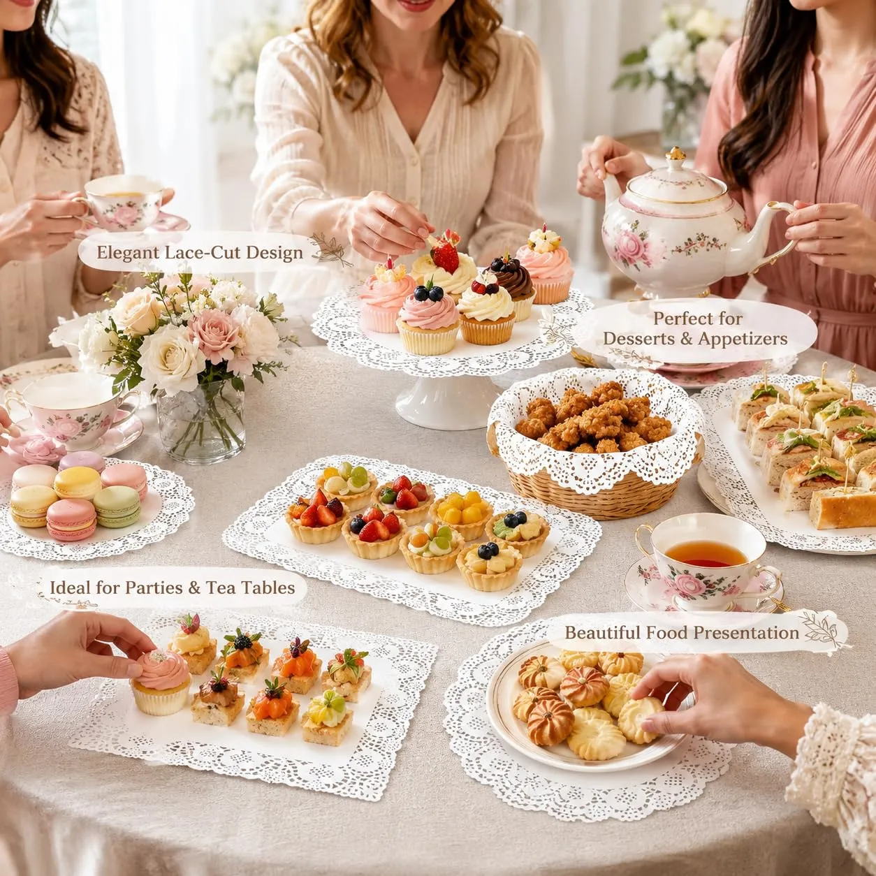 YEDOUALE Centrini di Carta in Pizzo 130 Pezzi, Rotondi, Ovali e Rettangolari, Tovagliette Monouso Bianche in Cellulosa per Vassoi, Dolci, Buffet, Feste e Decorazioni da Tavola - immagine 7