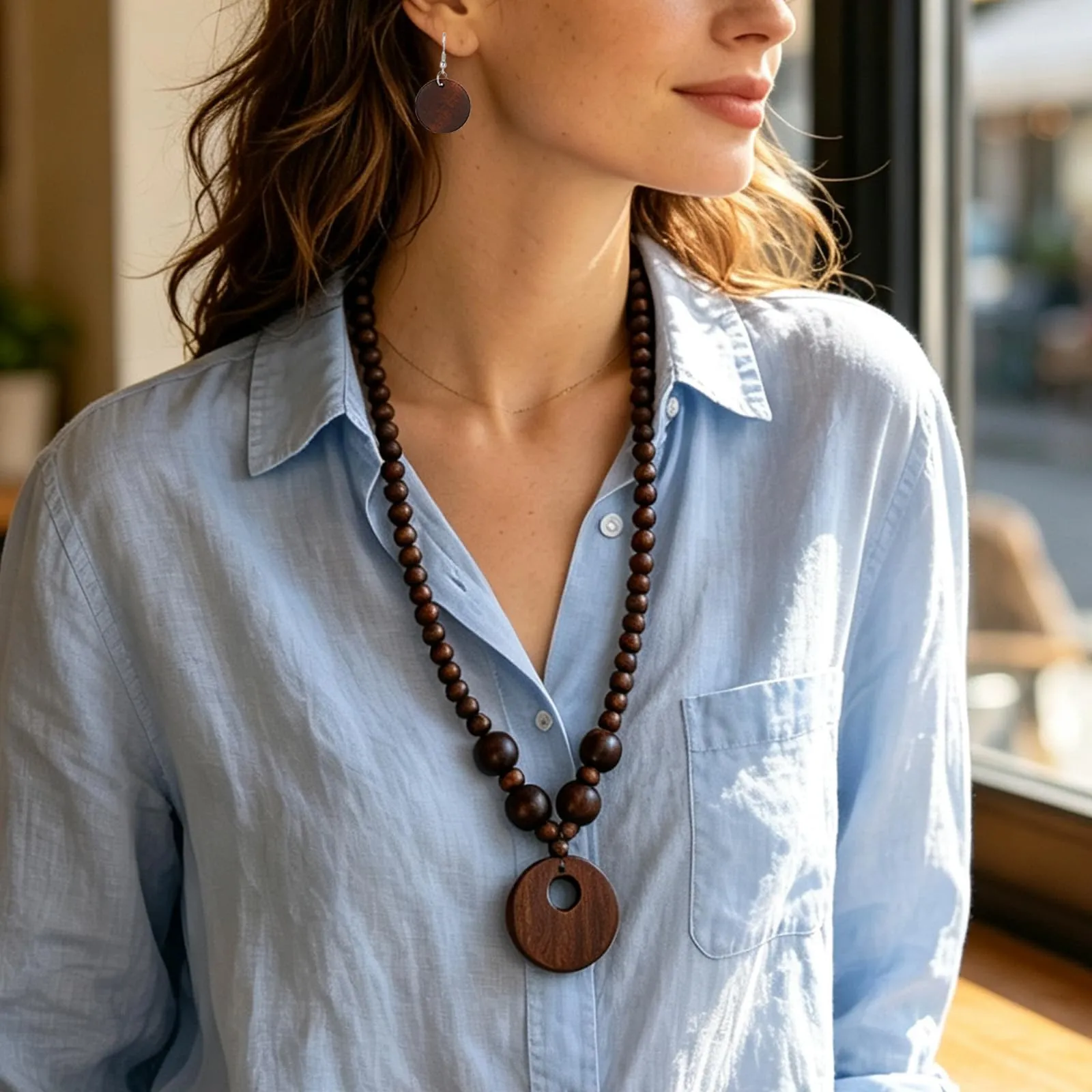 Mikovivi Bohemian Legno Perla Ciondolo Collana Orecchini Set per Donne - immagine 4