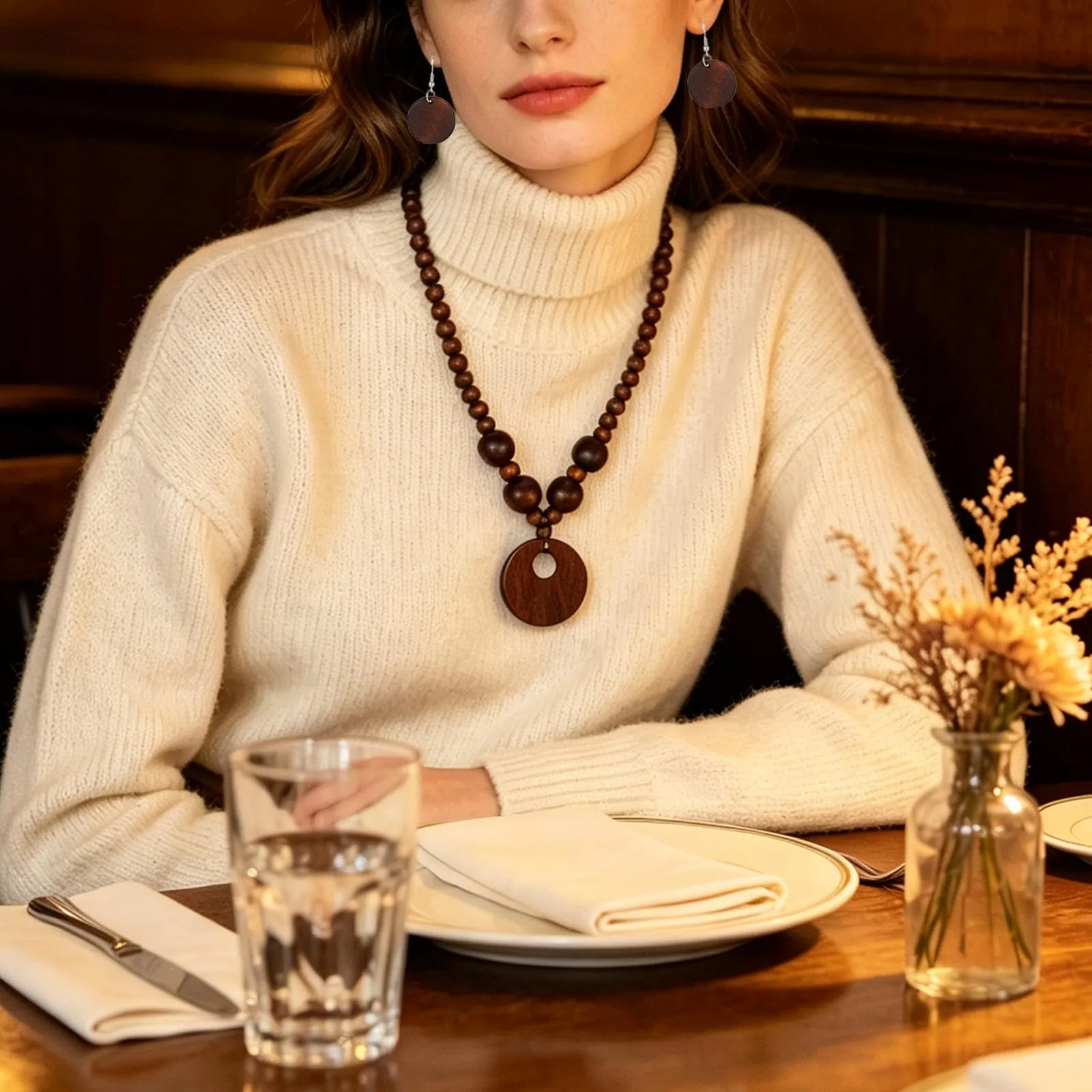 Mikovivi Bohemian Legno Perla Ciondolo Collana Orecchini Set per Donne - immagine 6