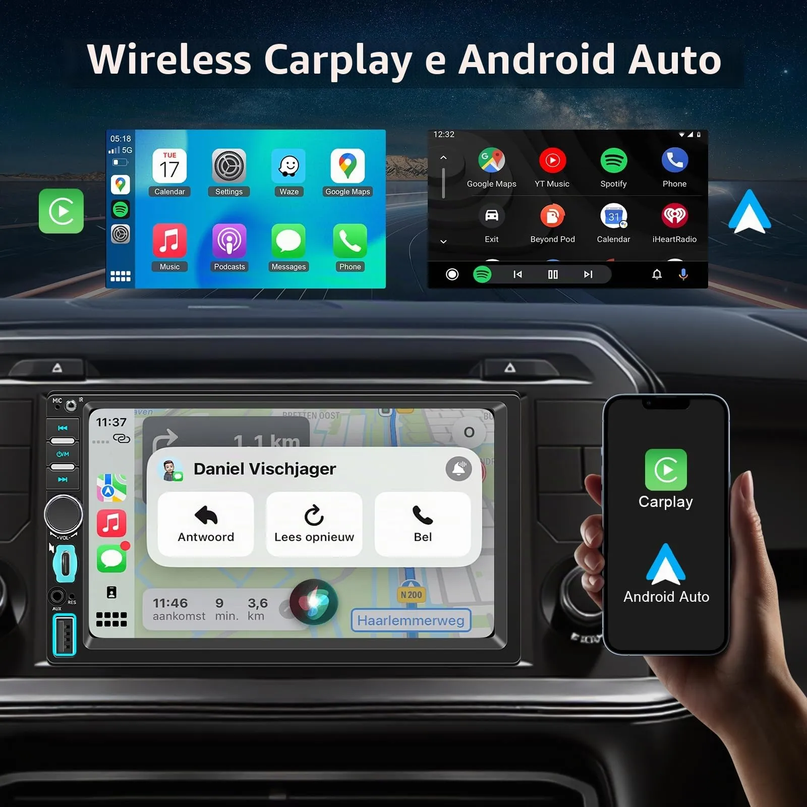 WERESOUND Autoradio 1 Din Bluetooth con Wireless CarPlay e Android Auto - immagine 2
