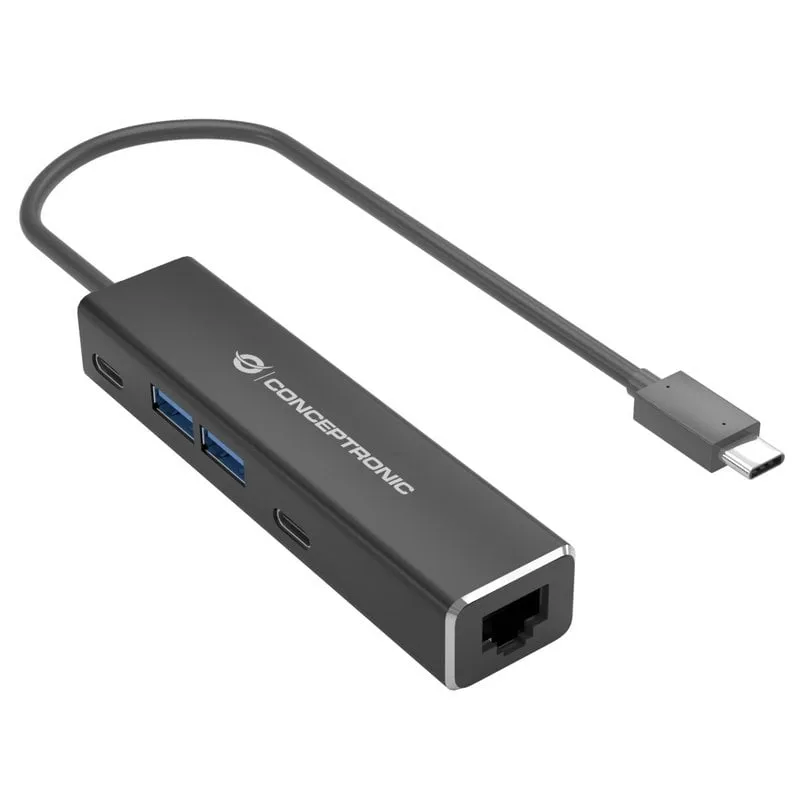 Adattatore di rete Conceptronic da USB-C a 2,5 GbE con 2 porte USB-A + 2 porte USB-C Hub USB grigio - immagine 1
