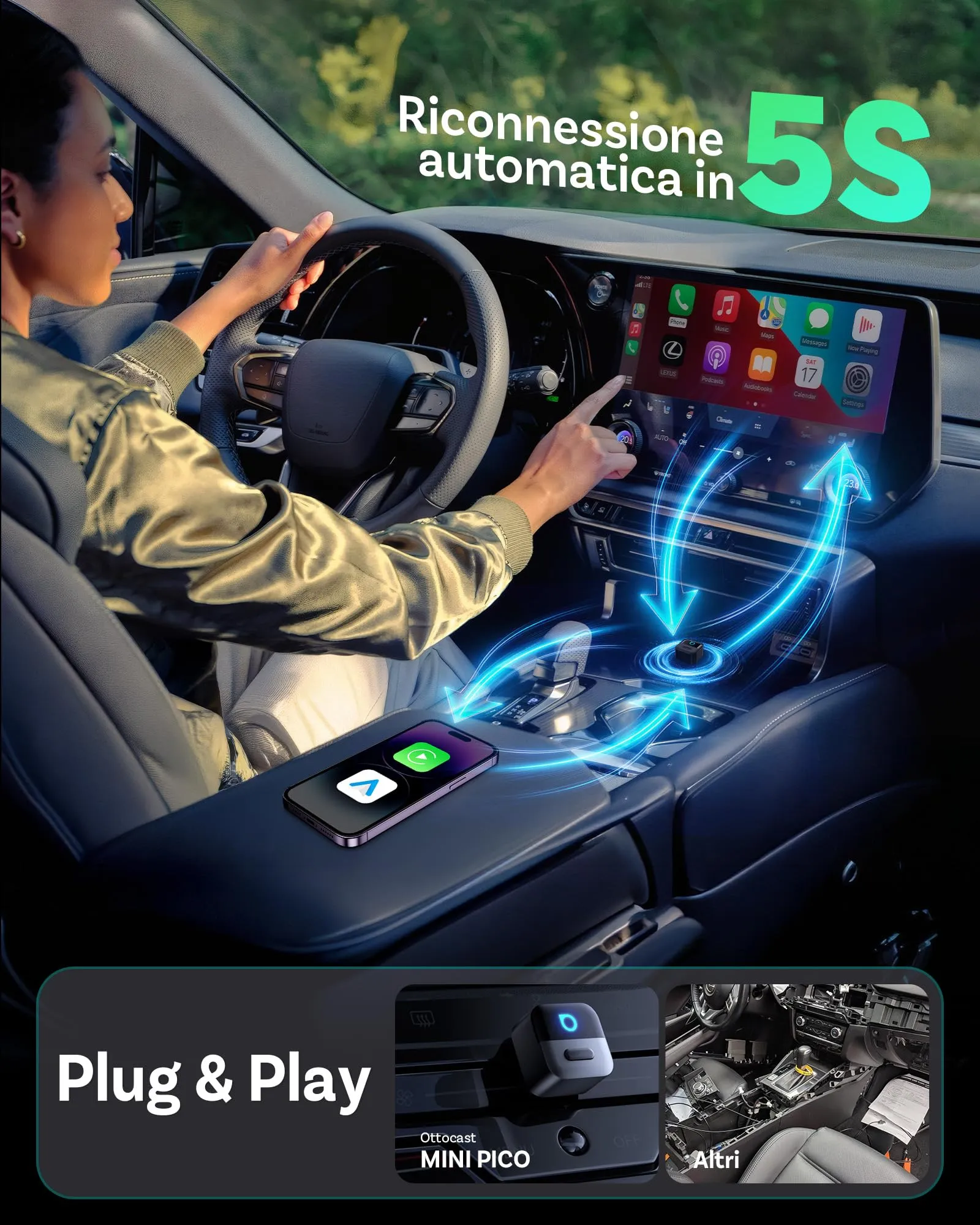 OTTOCAST Mini Pico 2026, Adattatore Wireless CarPlay e Android Auto - immagine 6