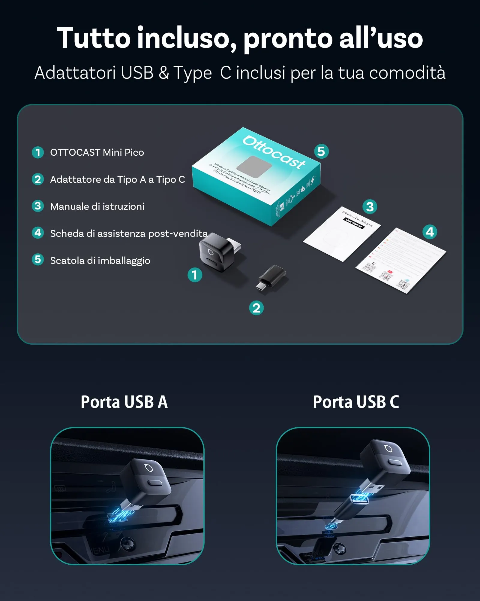 OTTOCAST Mini Pico 2026, Adattatore Wireless CarPlay e Android Auto - immagine 8