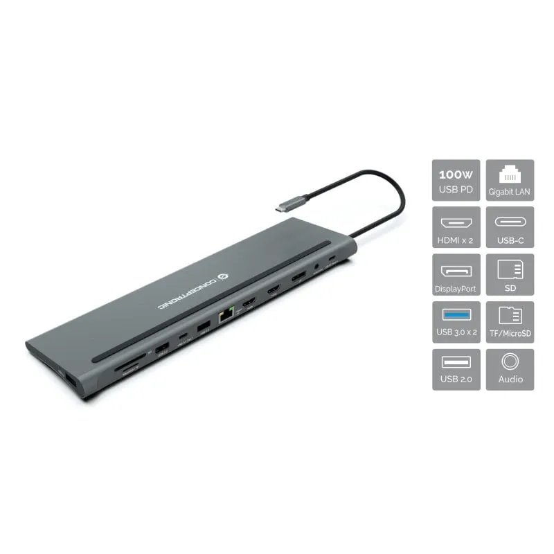 Conceptronic DONN17G Docking 12 in 1 USB-C per 100 W USB PD/Gigabit LAN/2xHDMI/USB-C/DisplayPort SD/2xUSB 3.0/TF e MicroSD/USB 2.0/Audio - immagine 1