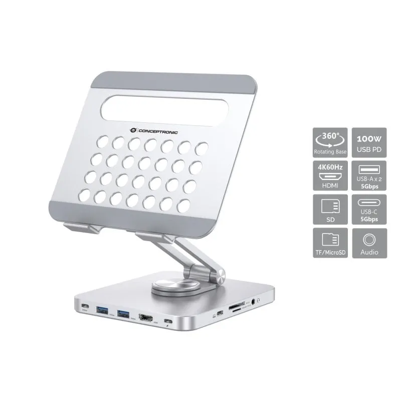 Supporto docking Conceptronic 8 in 1 USB-C/100W USB PD/HDMI/SD/TF/MicroSD/Audio Base girevole in acciaio inossidabile a 360° - immagine 1