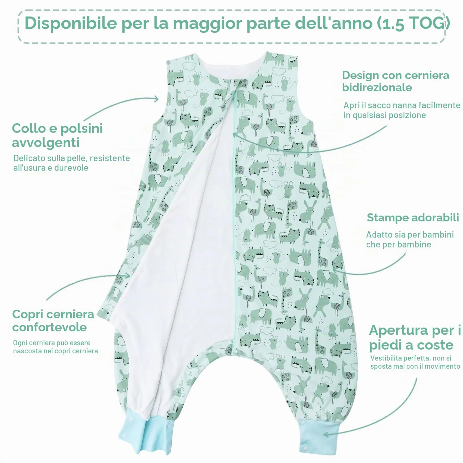 WYTbaby Sacco Nanna con Piedini 1.0 Tog, 100% Cotone Ultra-Morbido, Facile da Indossare, Ideale per il Sonno dei Neonati, Sacco Nanna Adatto per Bambini da 2-3 Anni - immagine 4