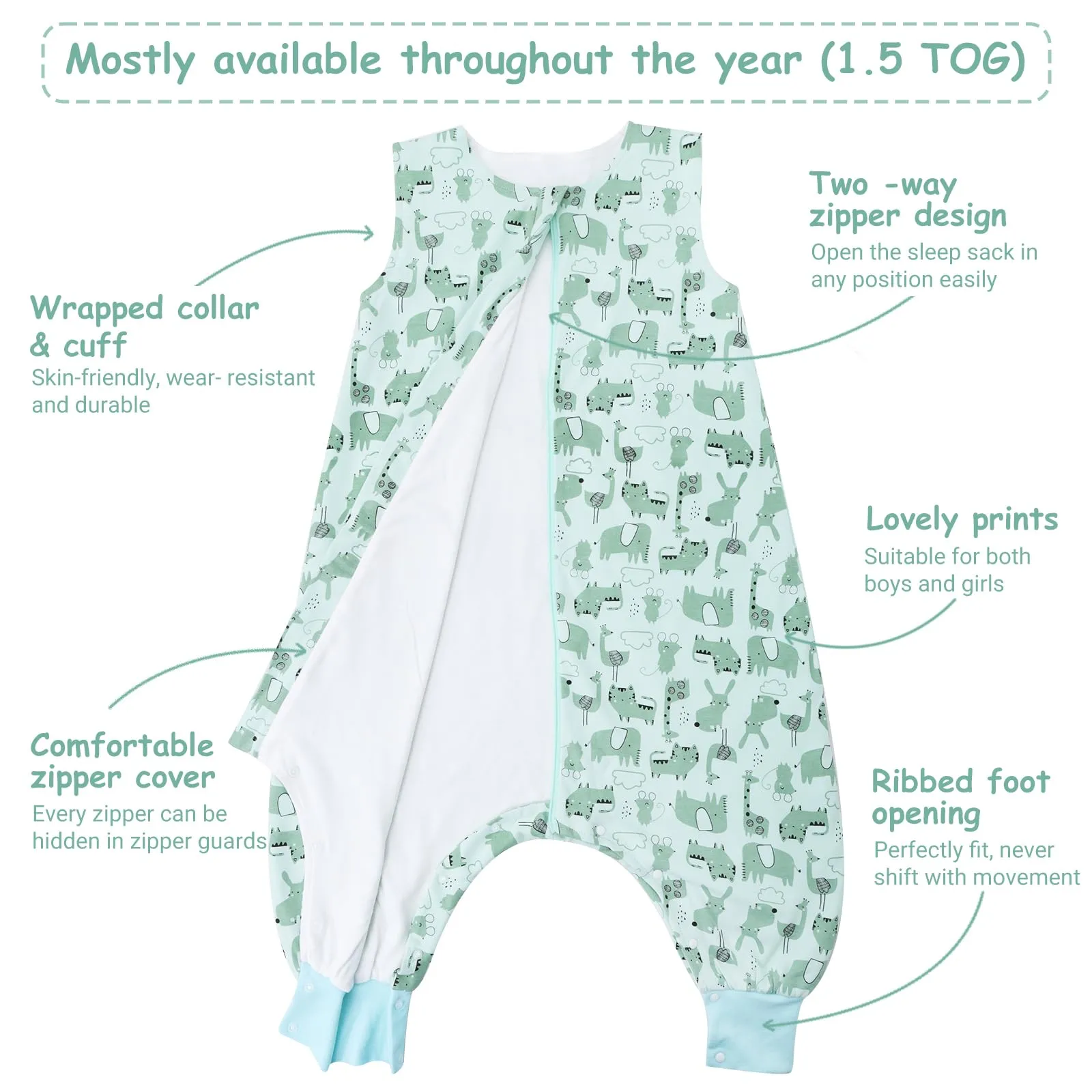 WYTbaby Sacco Nanna con Piedini 1.0 Tog, 100% Cotone Ultra-Morbido, Facile da Indossare, Ideale per il Sonno dei Neonati, Sacco Nanna Adatto per Bambini da 3-4 Anni - immagine 4