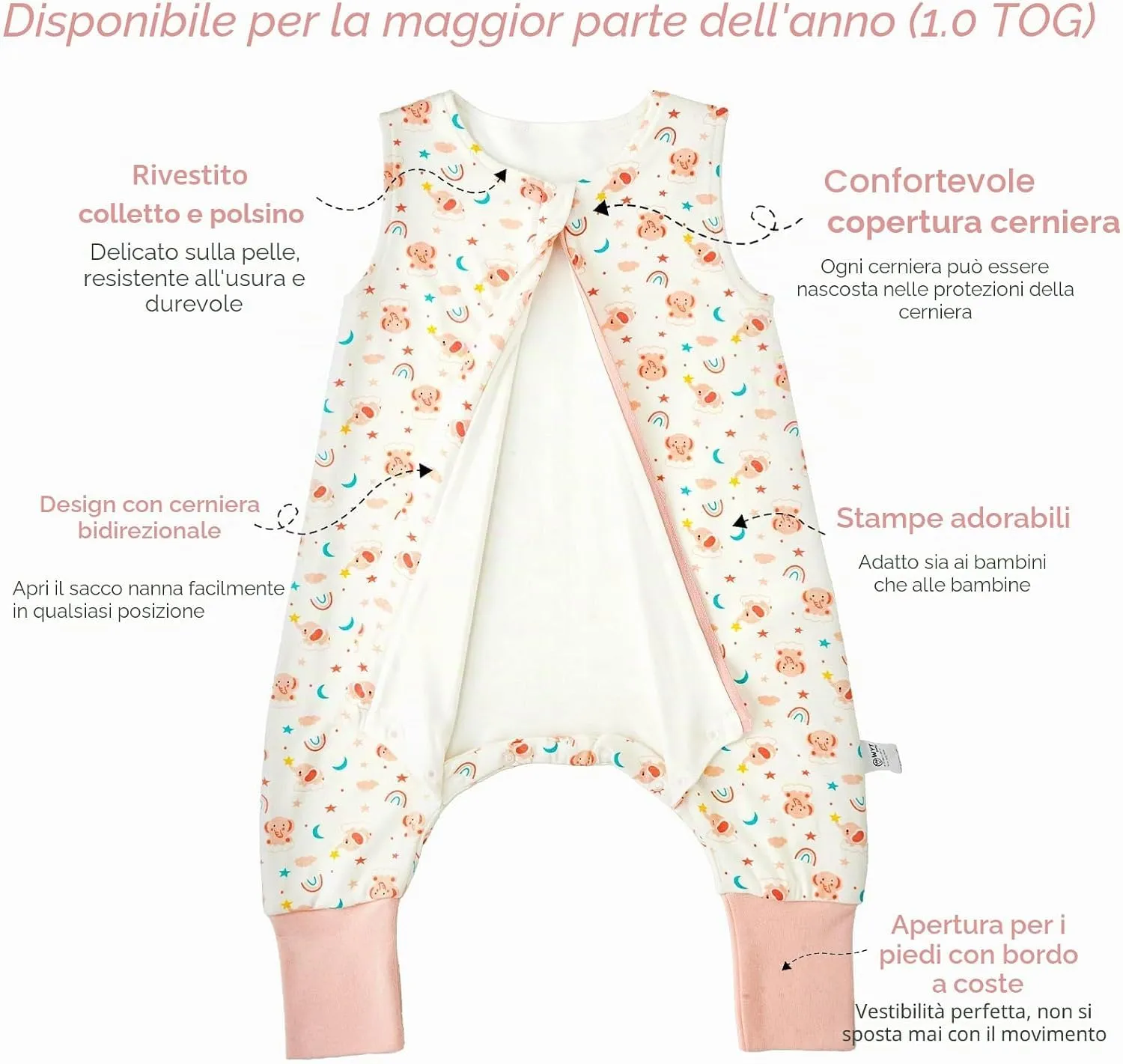 WYTbaby Sacco Nanna Con Piedini 100% Cotone 1 Tog Tutto l'Anno per Bambini 6-18 Mesi - immagine 5