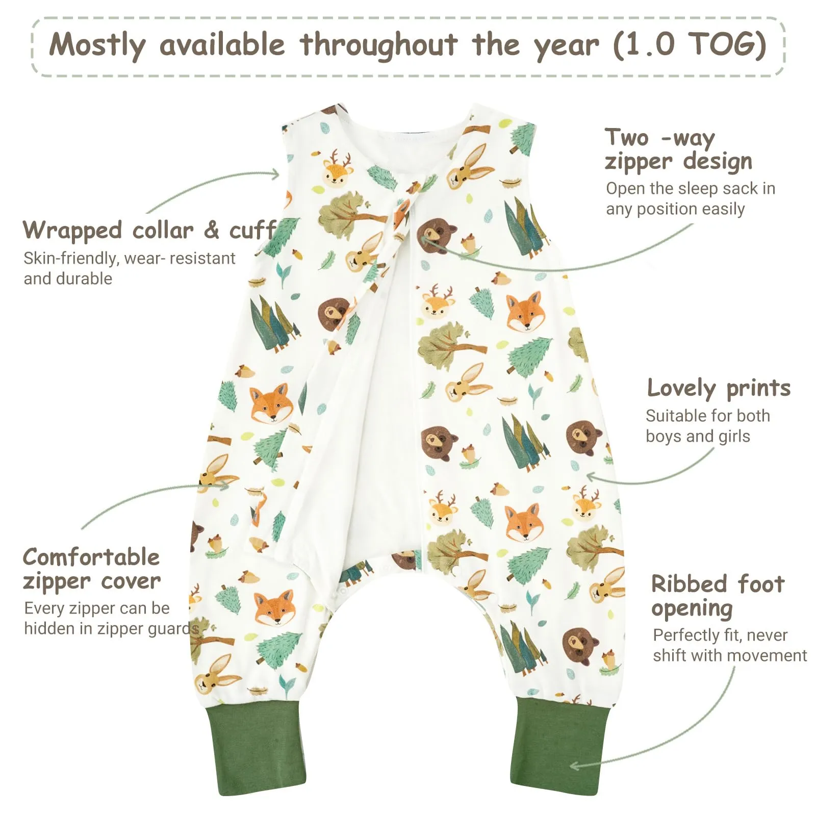 WYTbaby Sacco Nanna con Piedini 1.0 Tog,100% Cotone Sacco Nanna Primaverile per Ragazze e Ragazzi, Animali della Foresta + Verde Chiaro(2 Pezzi) - immagine 2