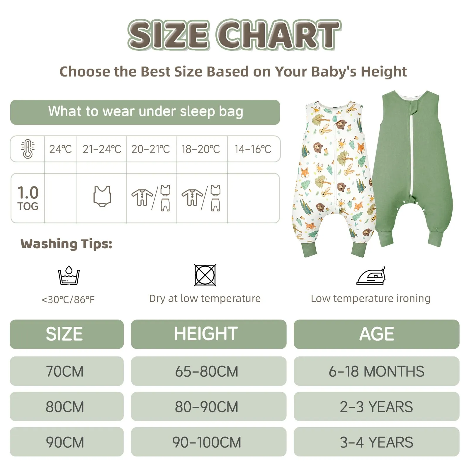 WYTbaby Sacco Nanna con Piedini 1.0 Tog,100% Cotone Sacco Nanna Primaverile per Ragazze e Ragazzi, Animali della Foresta + Verde Chiaro(2 Pezzi) - immagine 6