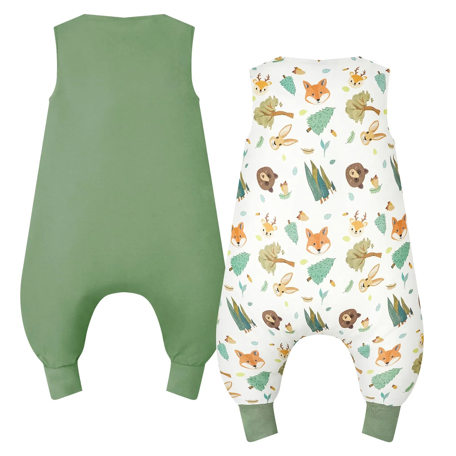 WYTbaby Sacco Nanna con Piedini 1.0 Tog,100% Cotone Sacco Nanna Primaverile per Ragazze e Ragazzi, Animali della Foresta + Verde Chiaro(2 Pezzi) - immagine 7