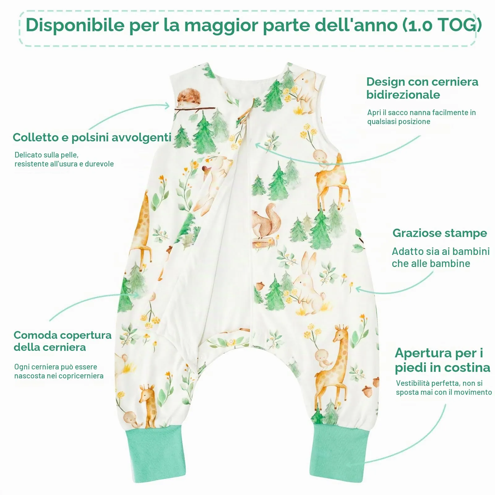 WYTbaby Sacco Nanna con Piedini 1.0 Tog,100% Cotone Sacco Nanna Primaverile per Ragazze e Ragazzi, Animali della Foresta + Verde(2 Pezzi) - immagine 2