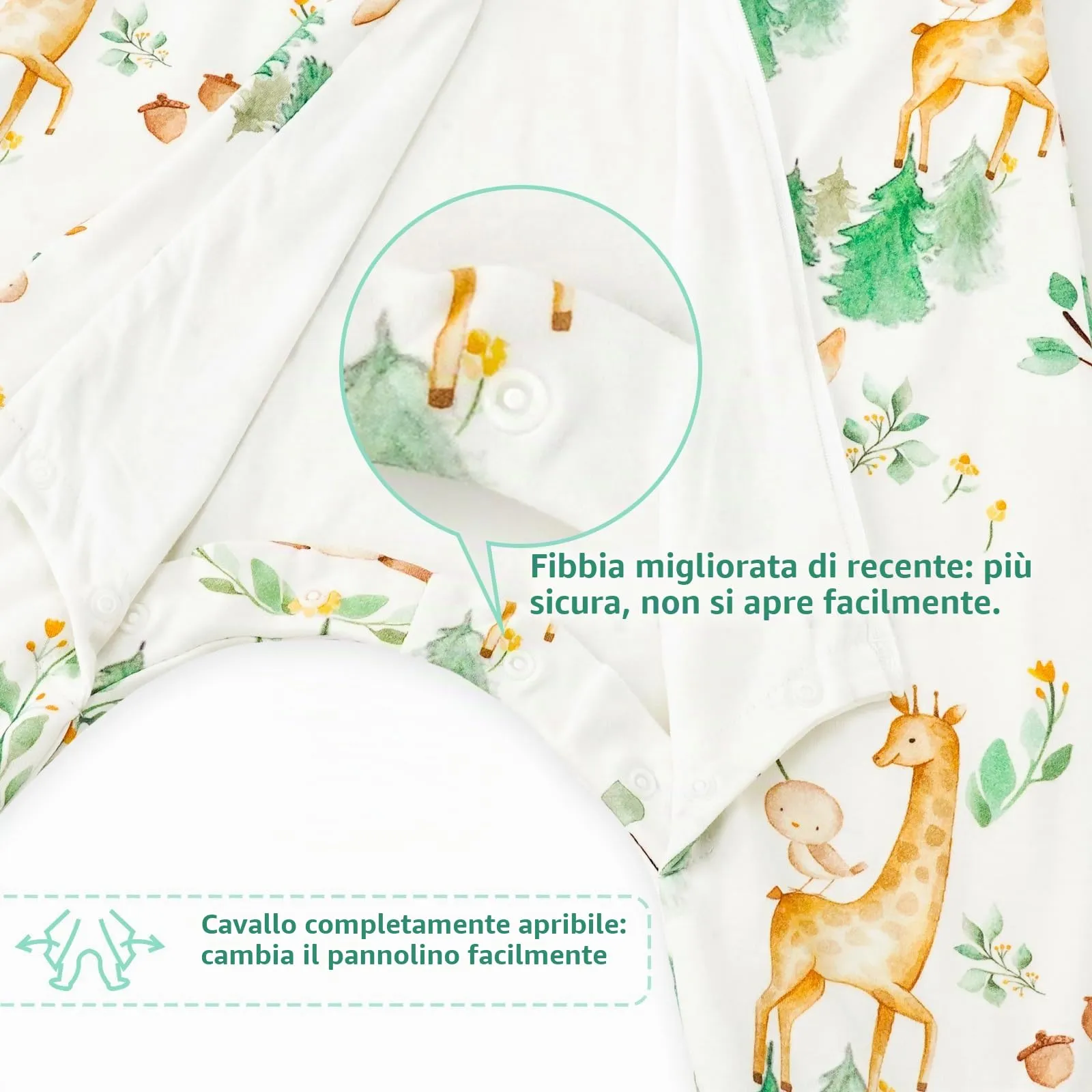 WYTbaby Sacco Nanna con Piedini 1.0 Tog,100% Cotone Sacco Nanna Primaverile per Ragazze e Ragazzi, Animali della Foresta + Verde(2 Pezzi) - immagine 4