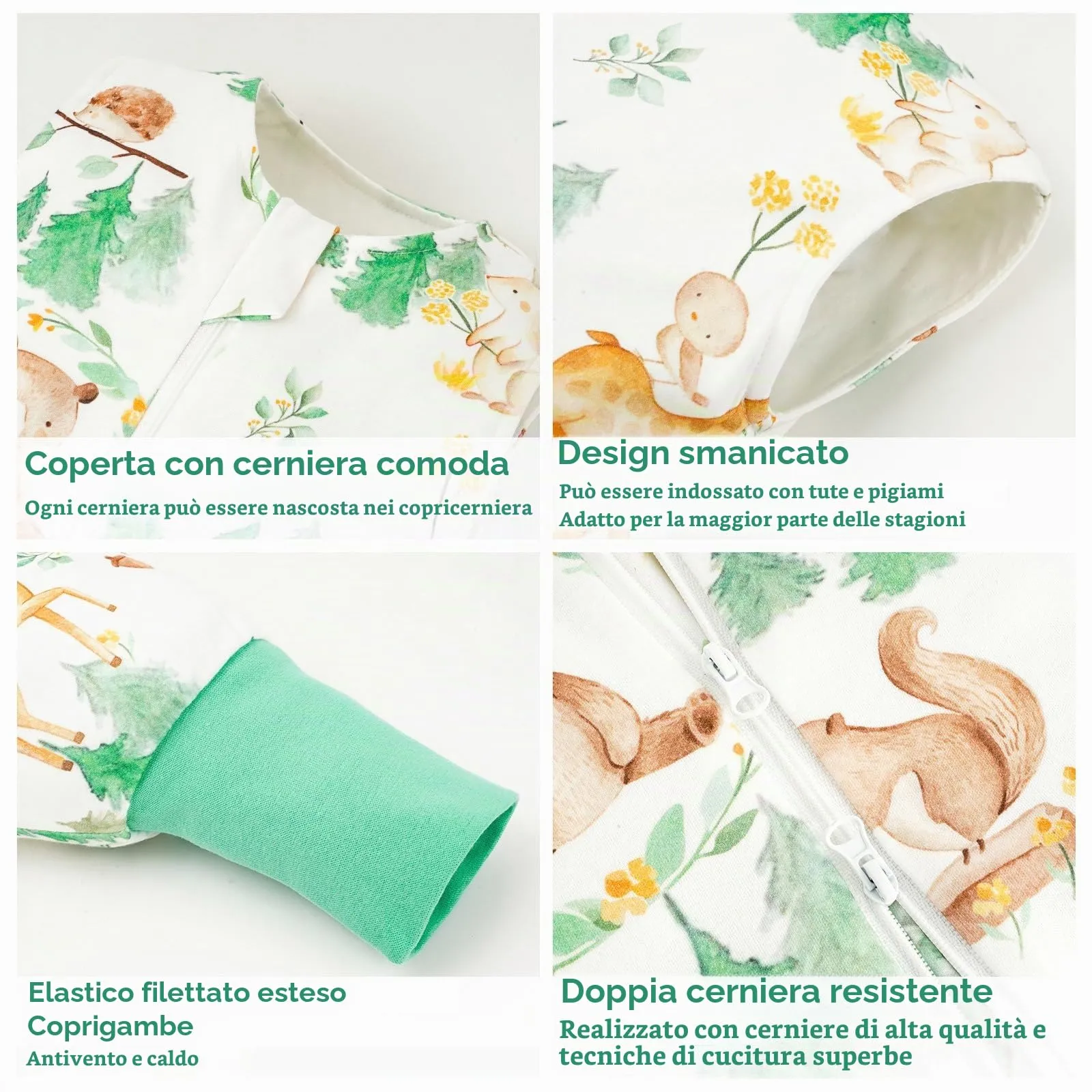 WYTbaby Sacco Nanna con Piedini 1.0 Tog,100% Cotone Sacco Nanna Primaverile per Ragazze e Ragazzi, Animali della Foresta + Verde(2 Pezzi) - immagine 5