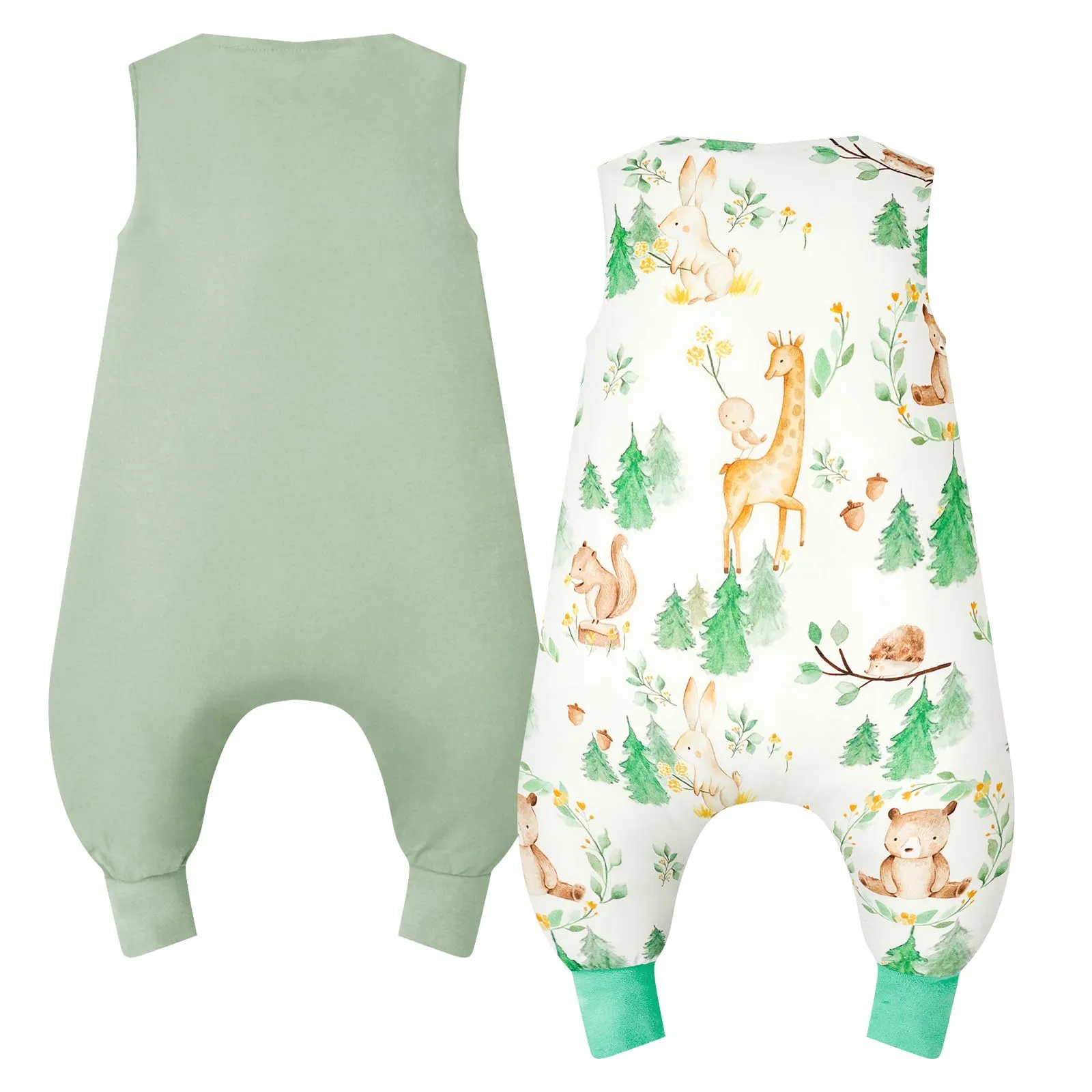 WYTbaby Sacco Nanna con Piedini 1.0 Tog,100% Cotone Sacco Nanna Primaverile per Ragazze e Ragazzi, Animali della Foresta + Verde(2 Pezzi) - immagine 7