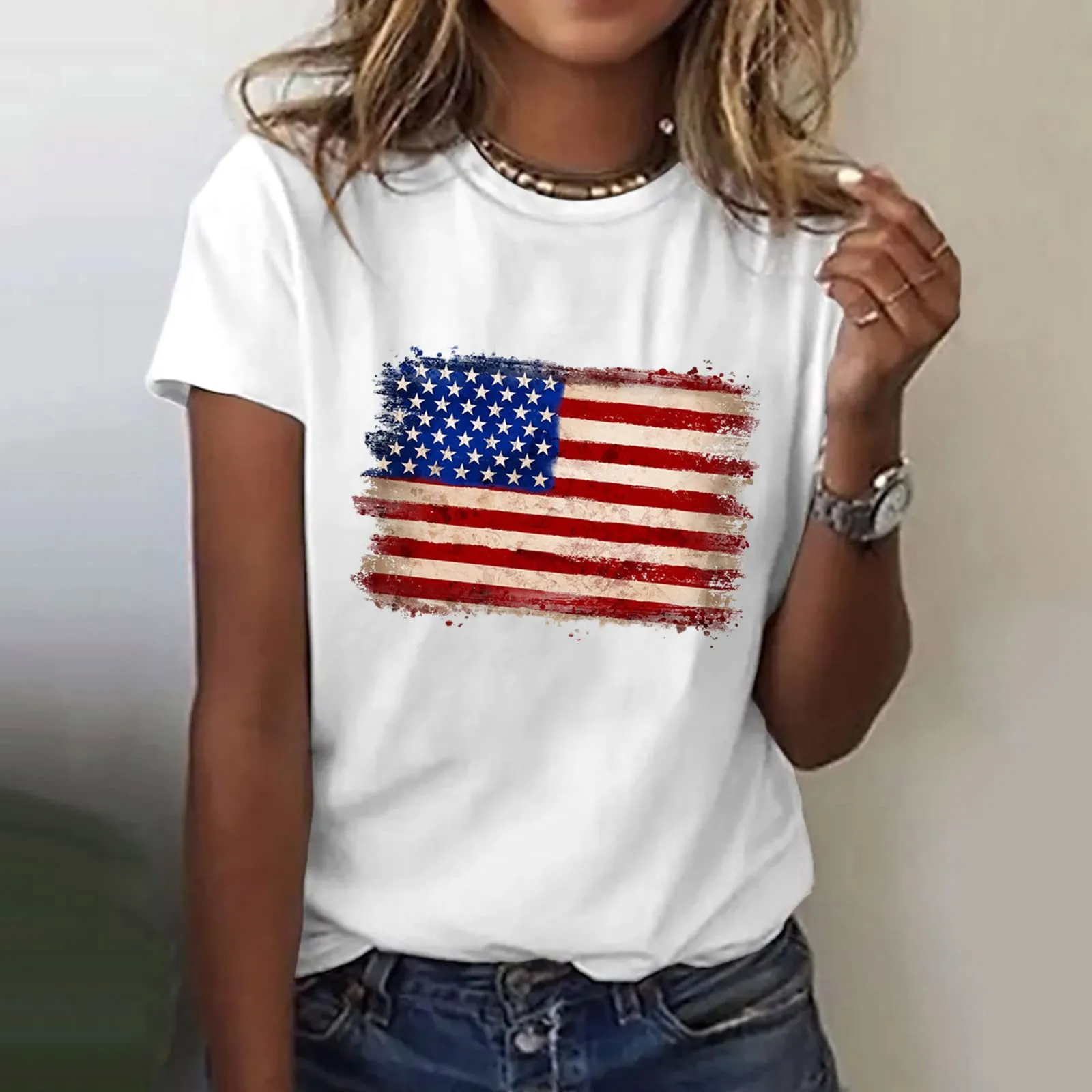 Uwdiohq Offerte Oggi Lampo Camicetta da Donna A Maniche Corte con Stampa Bandiera Americana O Scollo A V Top T-Shirt Maglia Maniche Elegante Ca Tiktok Trend Items - immagine 2