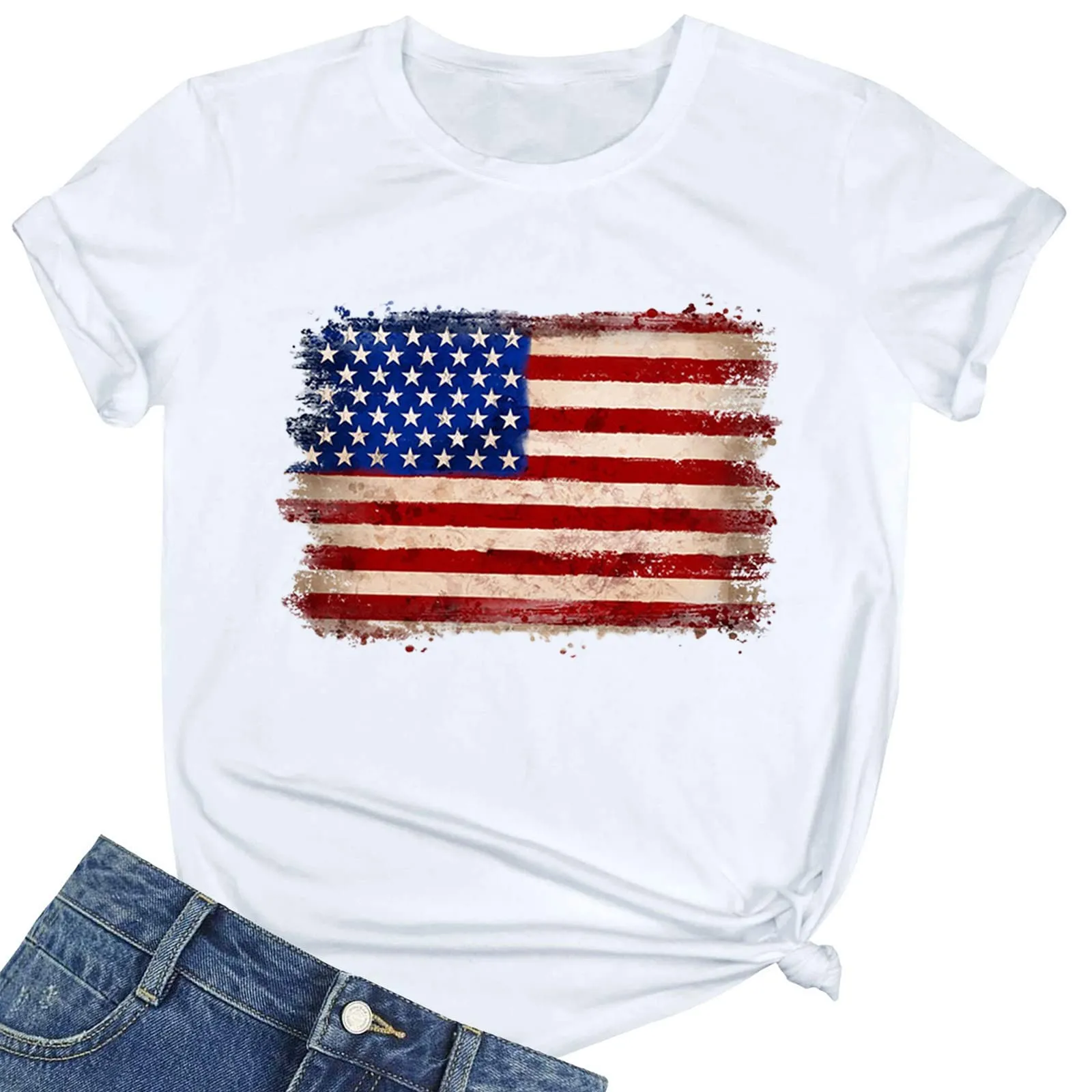 Uwdiohq Offerte Oggi Lampo Camicetta da Donna A Maniche Corte con Stampa Bandiera Americana O Scollo A V Top T-Shirt Maglia Maniche Elegante Ca Tiktok Trend Items - immagine 4