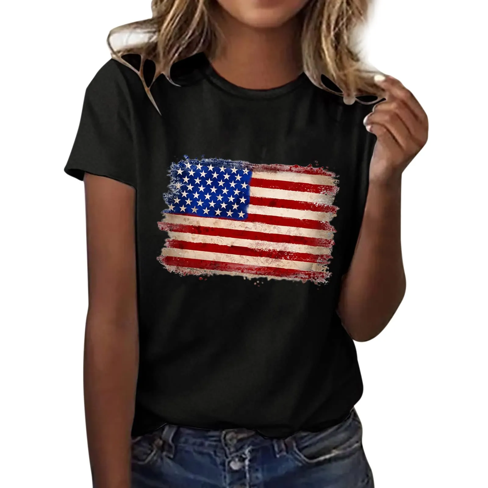 Uwdiohq Camicetta da Donna A Maniche Corte con Stampa Bandiera Americana O Scollo V Top T-Shirt Maglia Elegante Ca - immagine 1
