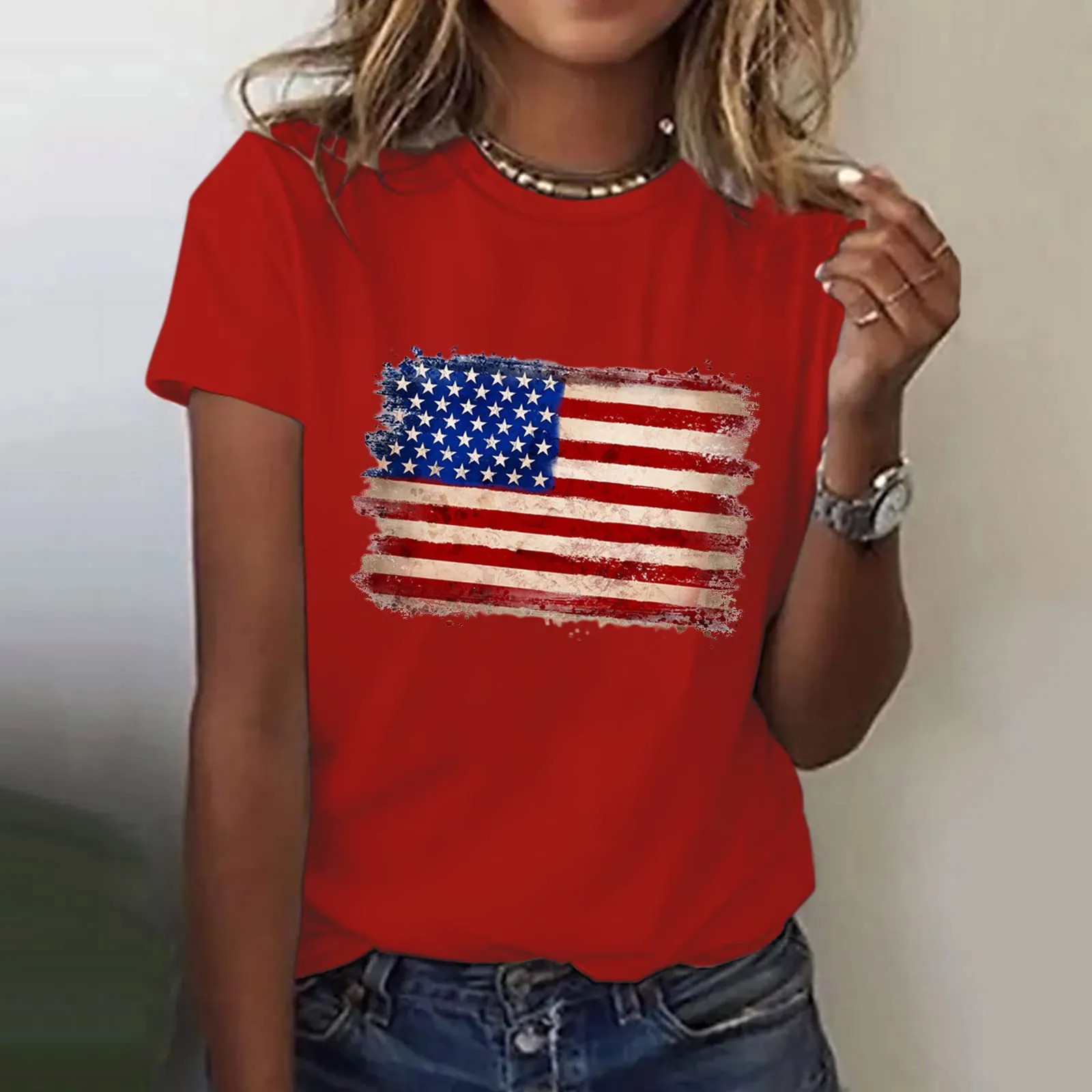 Uwdiohq Offerte Oggi Camicetta da Donna A Maniche Corte con Stampa Bandiera Americana O Scollo A V Top T-Shirt Maglia Maniche Elegante Ca Tiktok Trend Items - immagine 2
