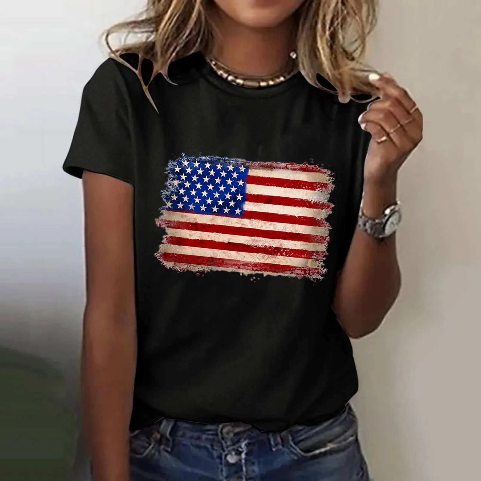 Uwdiohq Offerte del Giorno Prime Camicetta da Donna A Maniche Corte con Stampa Bandiera Americana O Scollo A V Top T-Shirt Maglia Maniche Elegante Ca T Shirt Donna Cotone Offerta - immagine 2