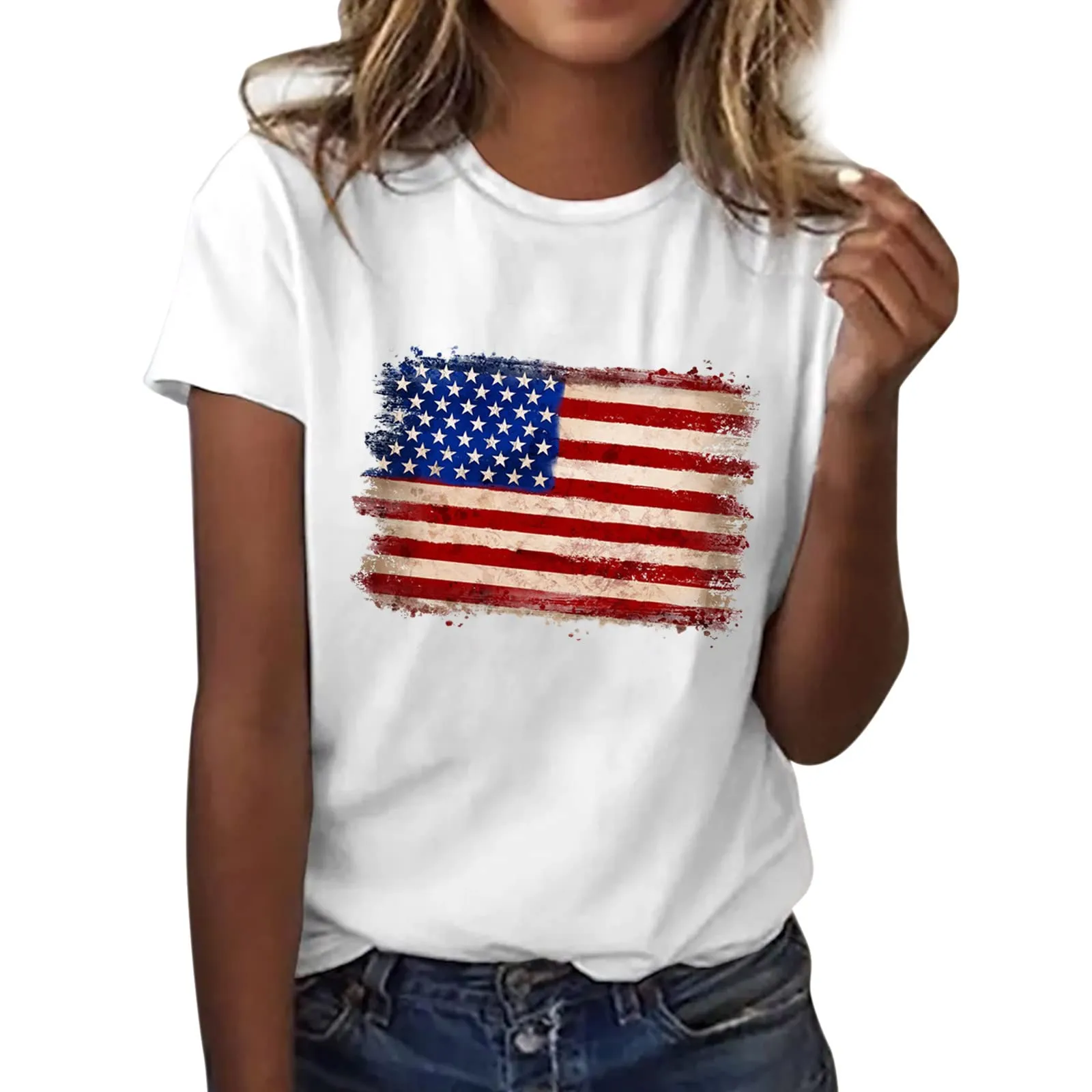 Uwdiohq Offerte del Giorno Camicetta da Donna A Maniche Corte con Stampa Bandiera Americana O Scollo A V Top T-Shirt Maglia Maniche Elegante Ca Todays Daily Deals Colla - immagine 1
