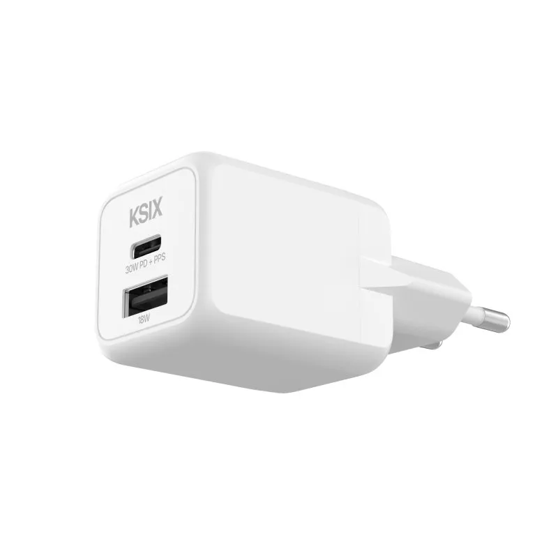 Caricabatterie rapido Ksix 1xUSB-C + 1xUSB 30W Bianco - immagine 1