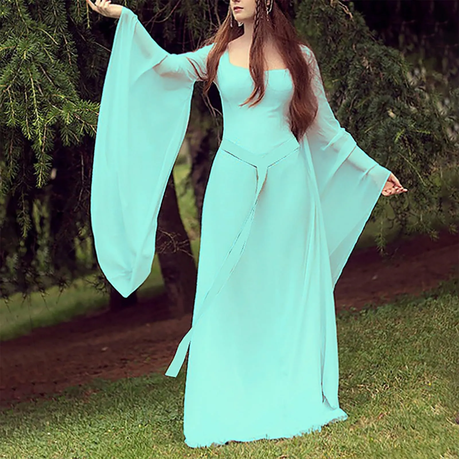 Abito medievale da donna, a maniche a tromba, per feste, da pavimento, in chiffon, stile retrò, per cosplay, da donna, performance, vestito balza, verde, M - immagine 2