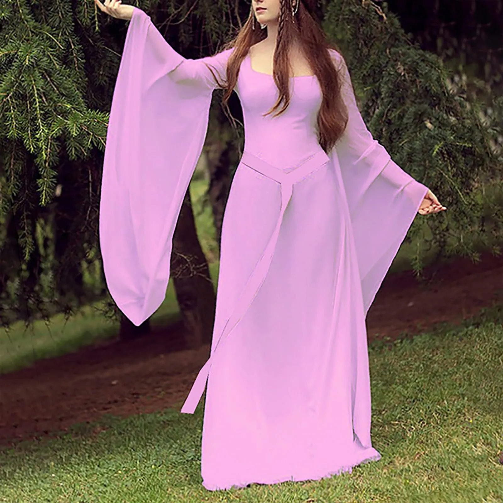 Abito medievale da donna, a maniche a tromba, per feste, da pavimento, in chiffon, stile retrò, per cosplay, da donna, performance, vestito balza, Lilla, S - immagine 2