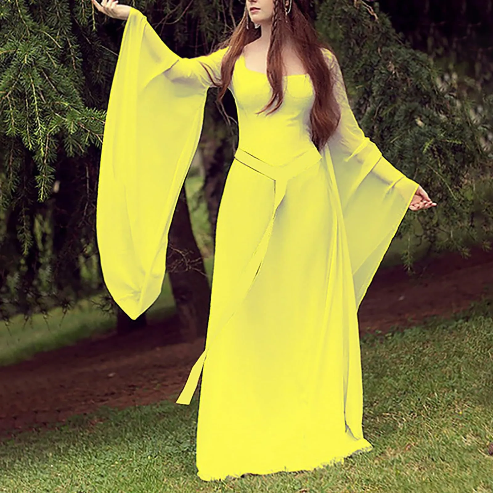 Abito medievale da donna, a maniche a tromba, per feste, da pavimento, in chiffon, stile retrò, per cosplay, da donna, performance, vestito balza, giallo., S - immagine 2