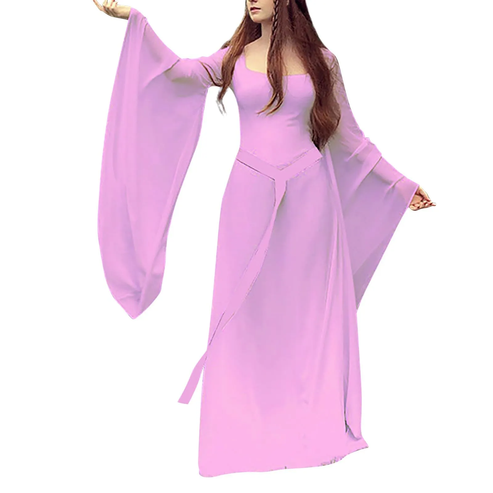 Abito medievale da donna, a maniche a tromba, per feste, da pavimento, in chiffon, stile retrò, per cosplay, da donna, performance, vestito balza, Lilla, XXL - immagine 1