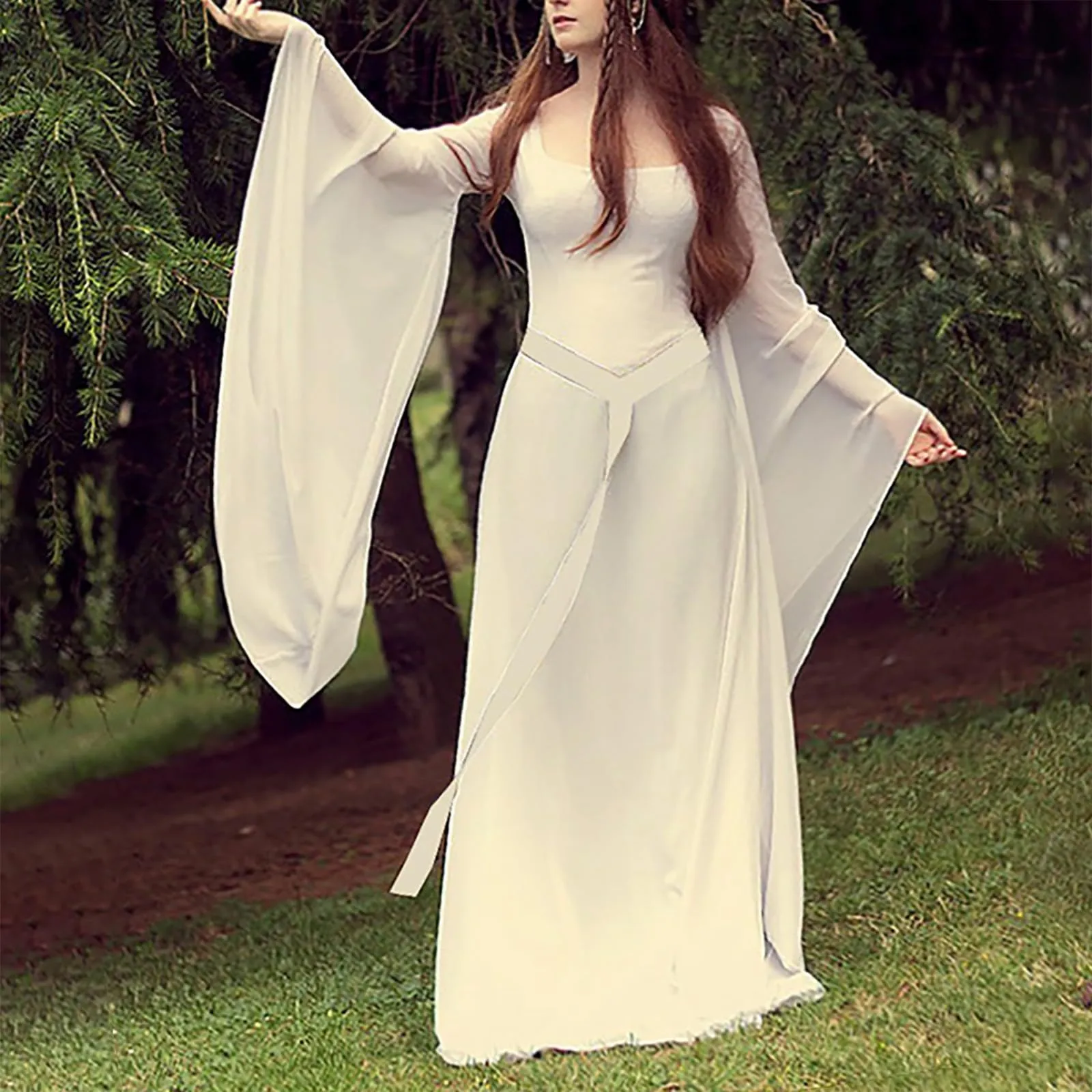 Abito medievale da donna, a maniche a tromba, per feste, da pavimento, in chiffon, stile retrò, per cosplay, da donna, performance, vestito balza, beige., XL - immagine 2