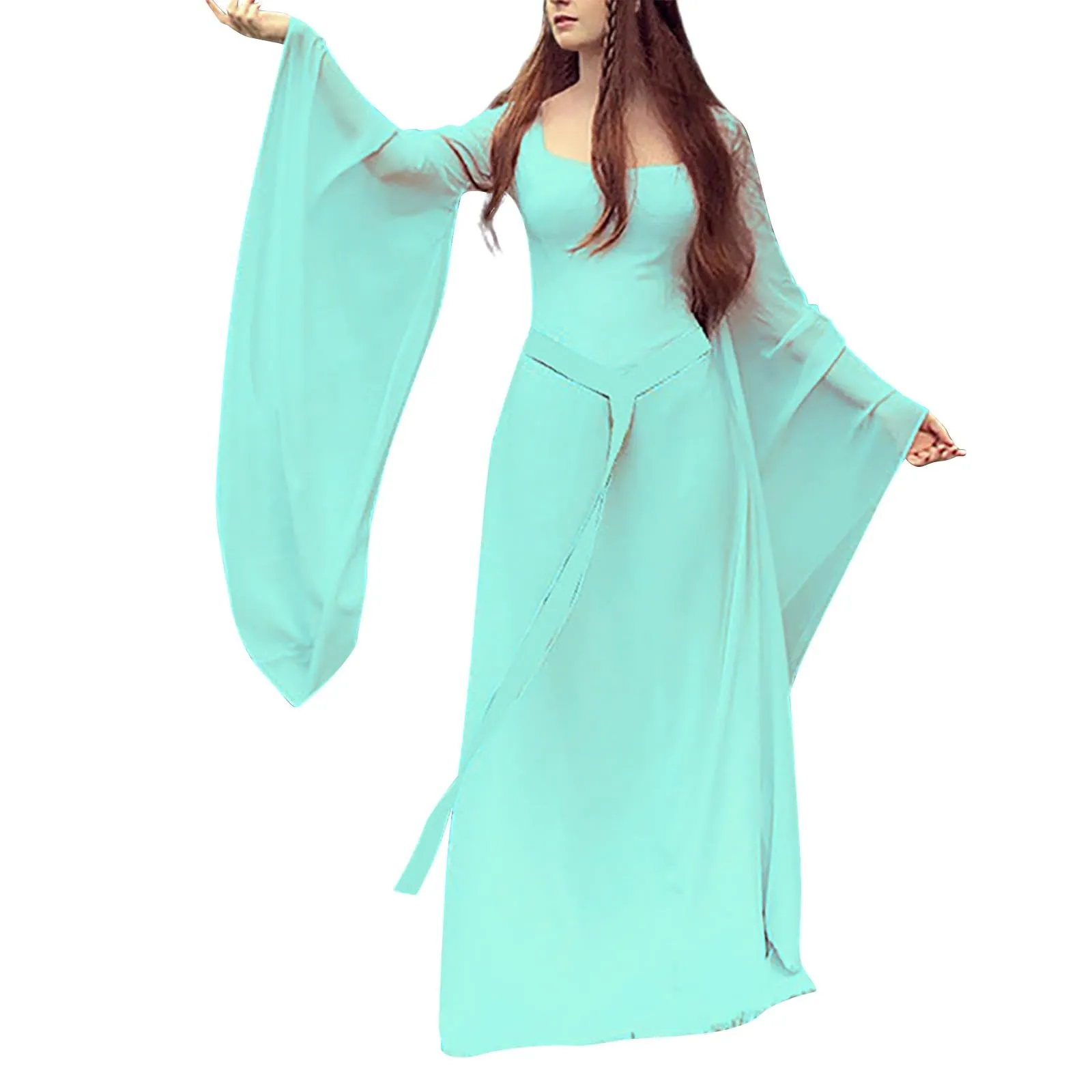 Abito medievale da donna, a maniche a tromba, per feste, da pavimento, in chiffon, stile retrò, per cosplay, da donna, performance, vestito balza, verde, S - immagine 1